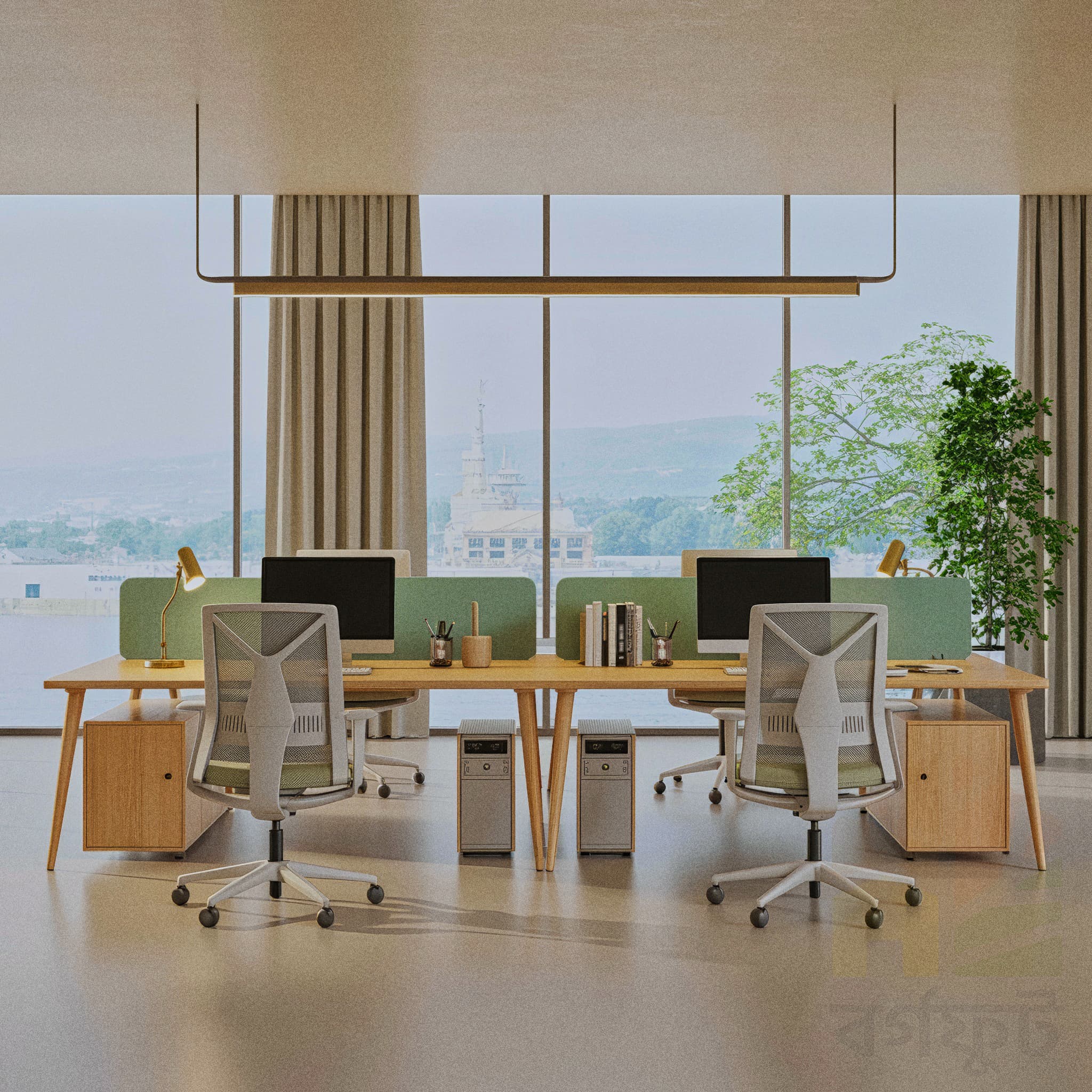 A modern, minimalist office with floor-to-ceiling windows overlooking a cityscape. A long, light wood desk with green privacy panels divides the space into two workstations, each with a computer monitor, desk lamp, and ergonomic office chair. A tall potted plant stands in the corner. The room has a calm and organized feel with a clean, neutral color palette.