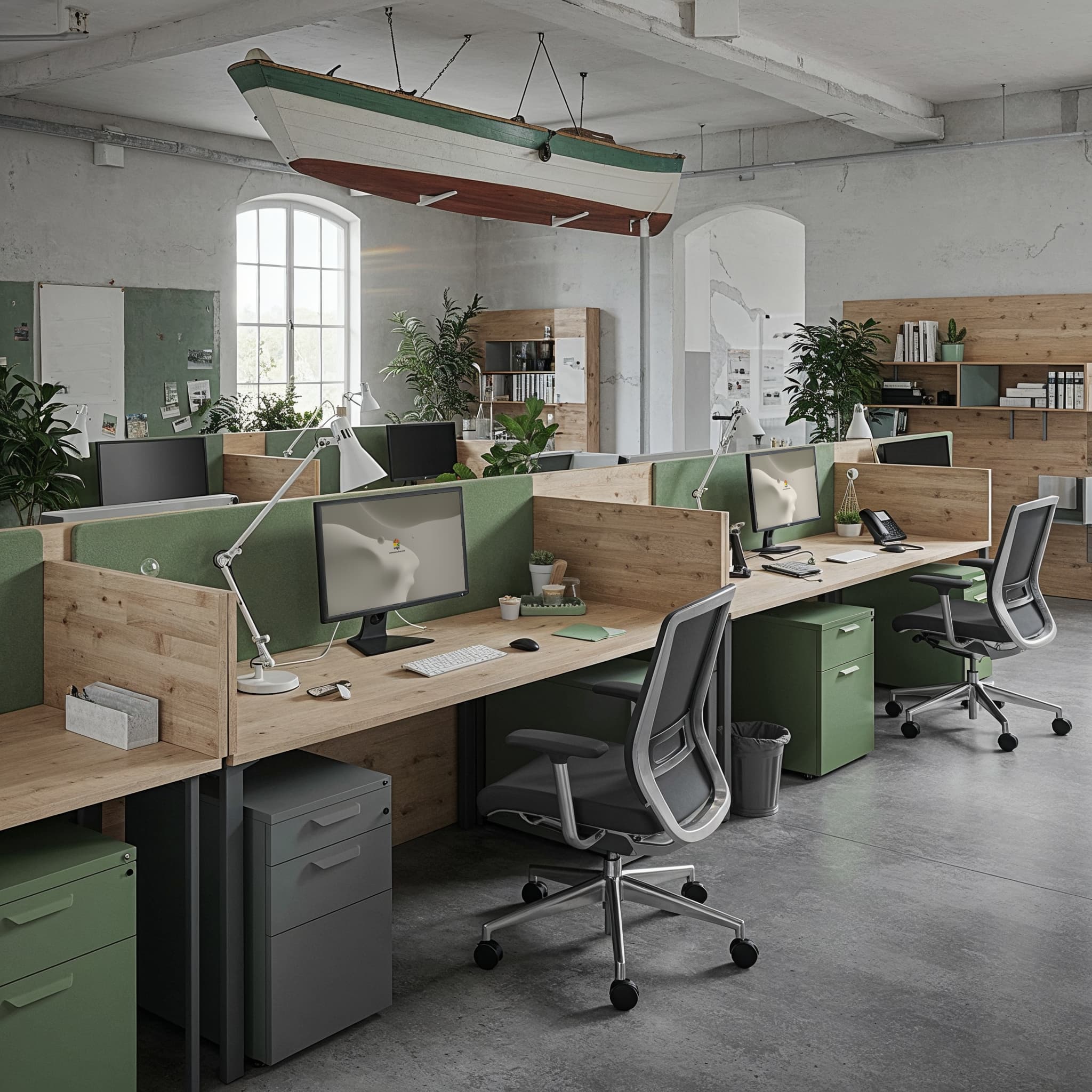 A creative office space with a high concrete ceiling and large windows. Several workstations are arranged with long wooden desks and green privacy panels. Each station has a computer and a desk lamp. The chairs are gray and black ergonomic office chairs. The room has a rustic, industrial feel with exposed ceilings and pipes. A large boat sculpture hangs from the ceiling, and several potted plants are scattered throughout the space.