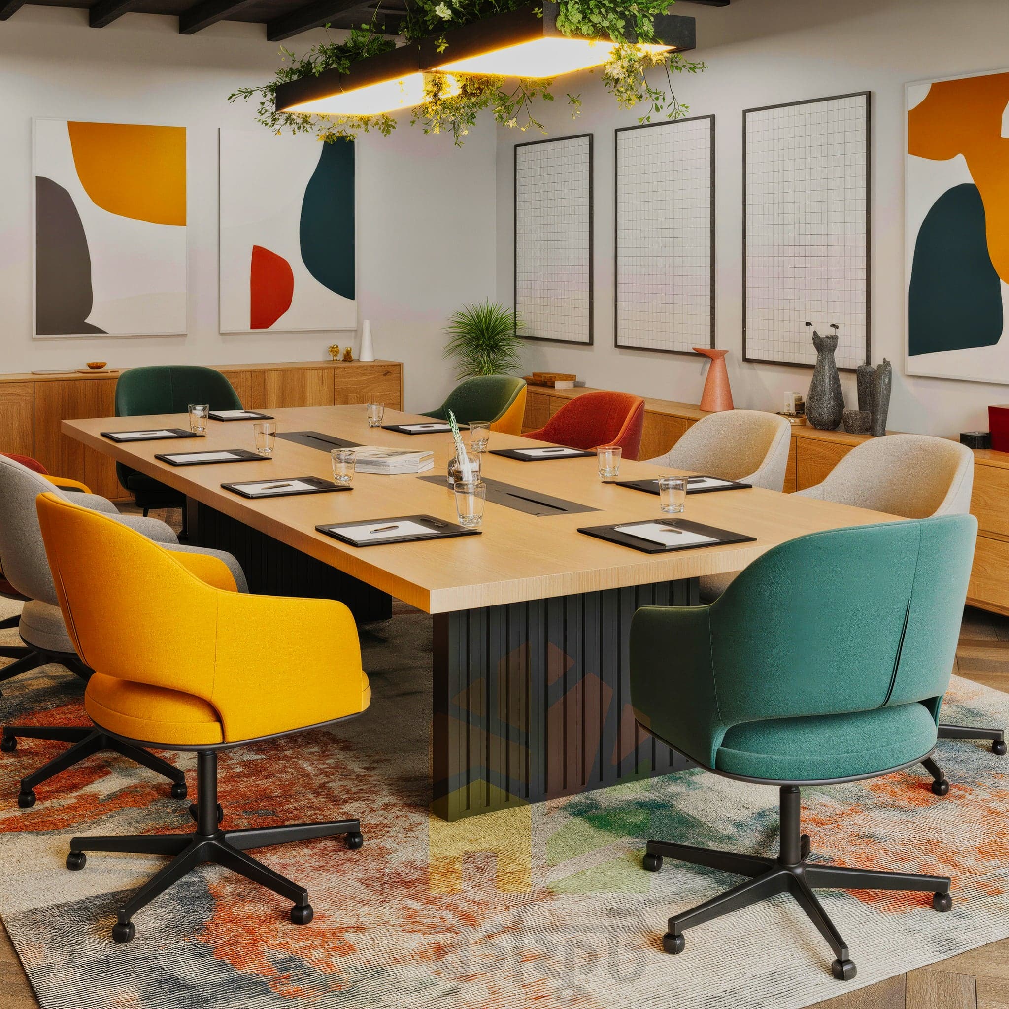  A stylish and creative meeting room with a large, light-wood conference table at the center. The table has black vertical slats on the base. It is surrounded by a variety of modern office chairs in different colors, including mustard yellow, teal, grey, and coral. The chairs have black wheeled bases. On the walls, there are abstract, multi-colored paintings and three large blank grid-patterned whiteboards.