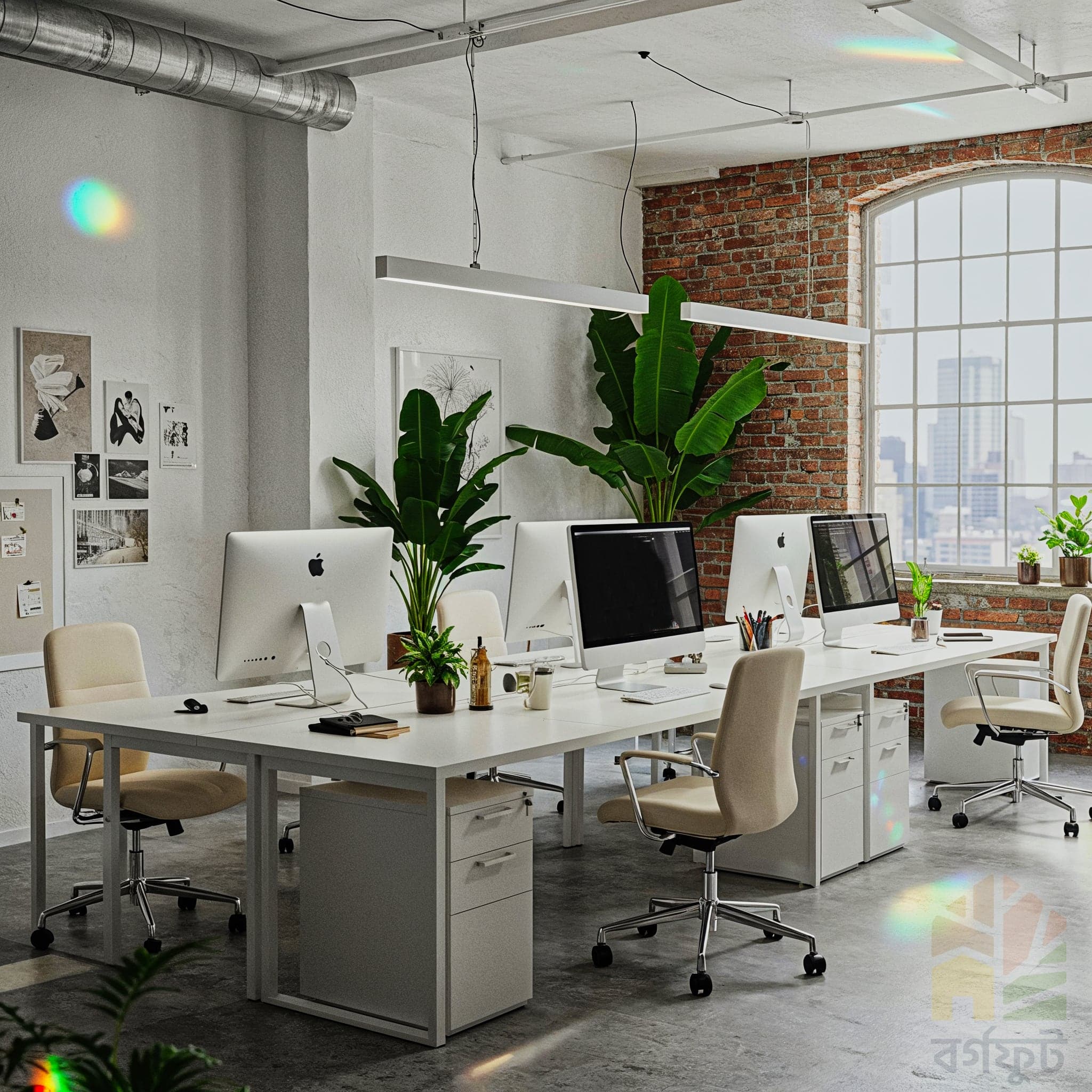 A wide-angle, candid image of a large, modern office. The space features rows of long wooden desks with black metal frames and dividers. Black office chairs are placed at each workstation. The ceiling is exposed concrete with visible metal pipes and ductwork. Potted plants line the center of the desks, adding a touch of greenery. Large black industrial pendant lights hang from the ceiling.