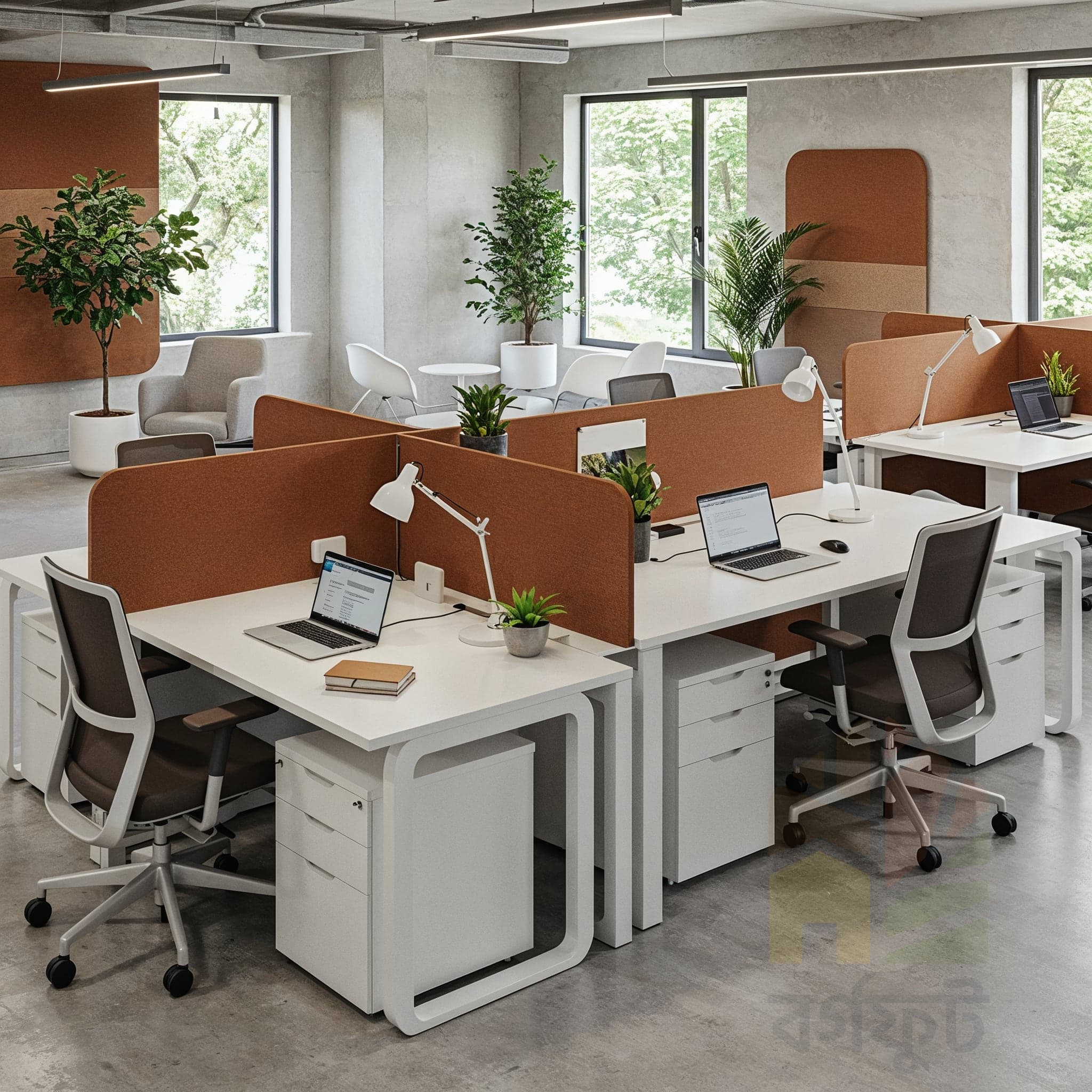 A candid image of a modern office interior. The space features several white desks with burnt orange fabric partitions arranged in a cross shape. White and dark grey office chairs with wheeled bases are placed at each station. The walls are exposed concrete, and the floor is polished concrete.