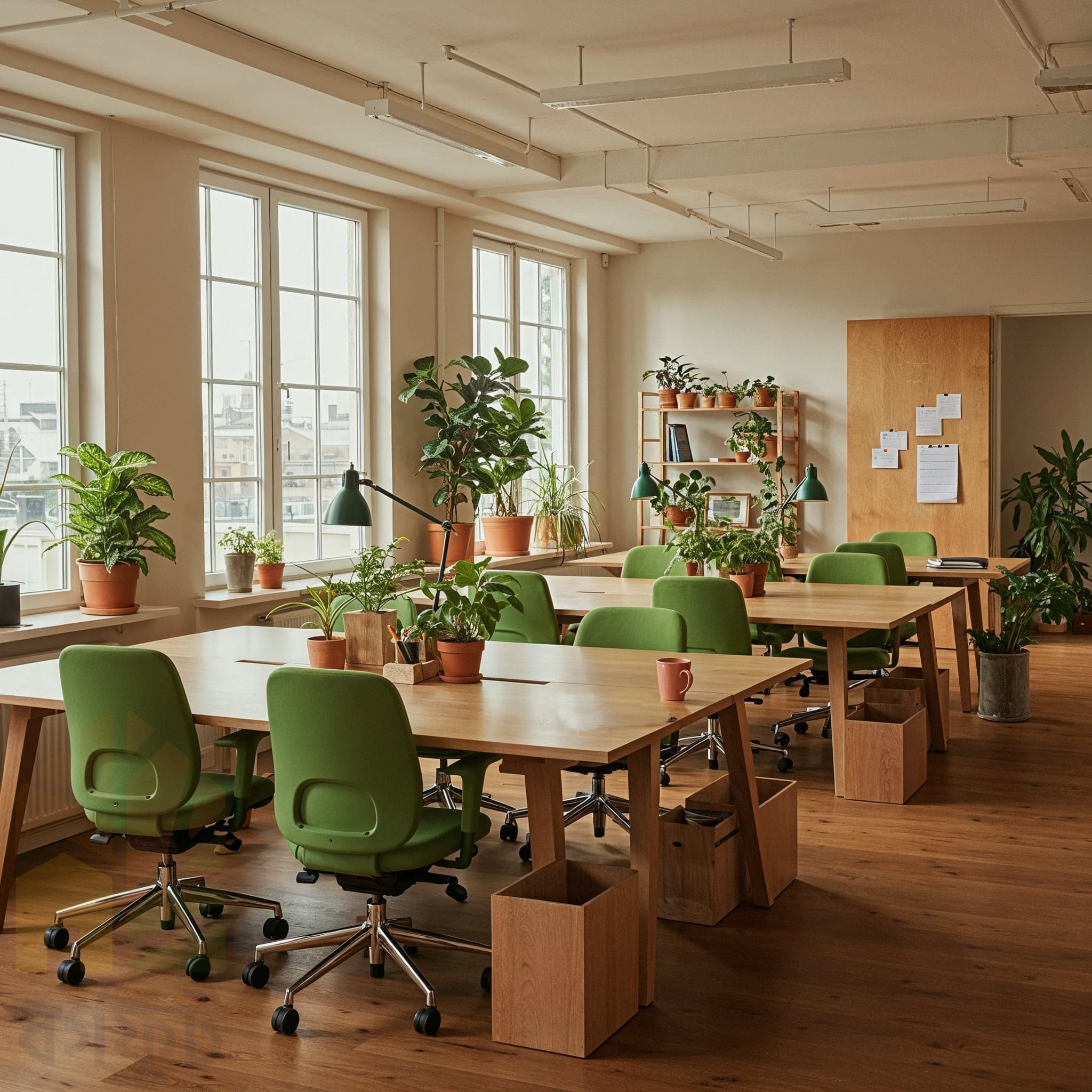A candid, eye-level image of a modern office interior. The space features a long white desk with beige office chairs and computers on top. Potted plants, including two large banana tree plants, are placed on the desk and on the floor. One wall is exposed brick, while the other is white.