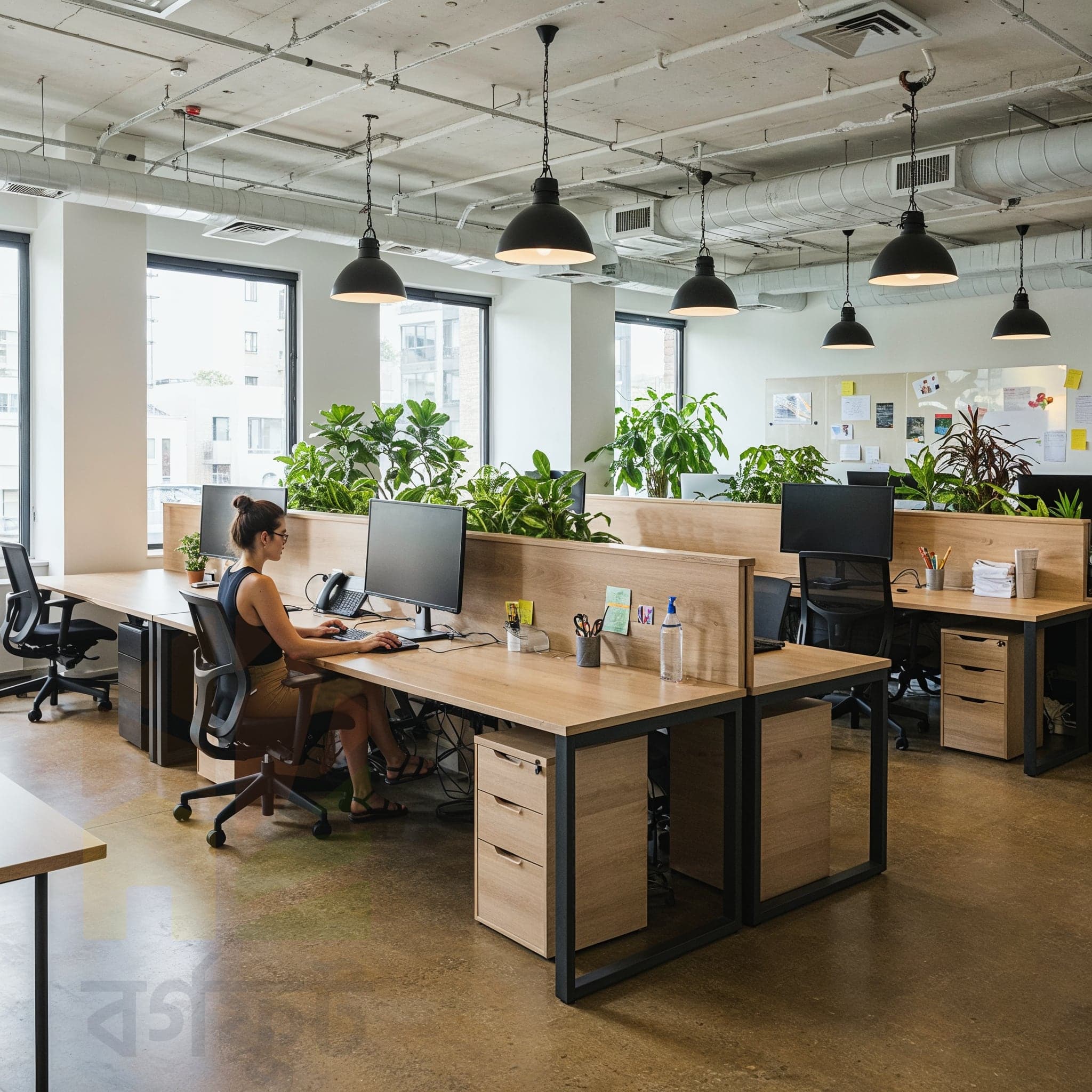 A candid, eye-level image of a modern office space. Two rows of white desks are set on a polished concrete floor. The desks have white chairs with beige upholstery. An exposed brick wall and a white, painted brick wall add texture to the space. Potted plants, including a large banana tree plant, are placed on and around the desks. Large windows and black pendant lights illuminate the room.
