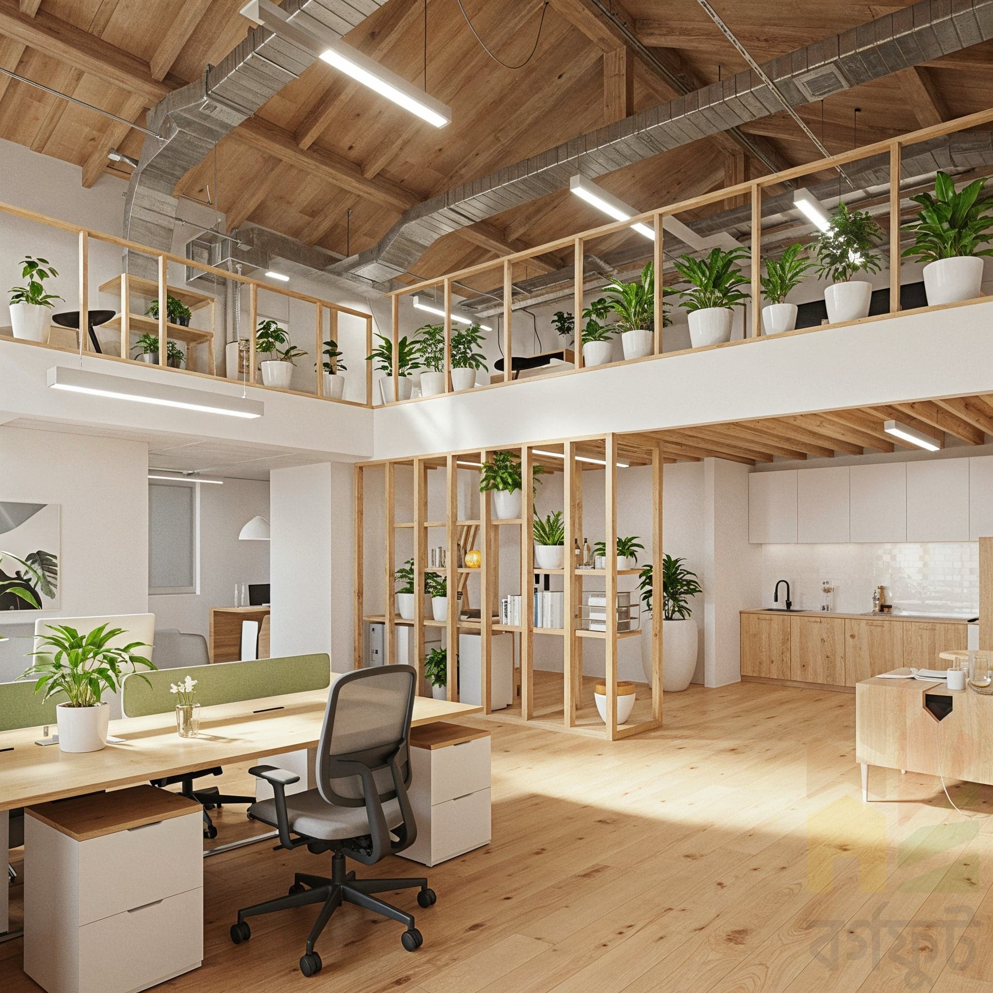  A bright, modern office interior with elegant architectural details. The space has high ceilings with three large arched windows and decorative wall molding. White desks with beige and white office chairs are arranged in a long row. Potted plants sit on the desks and on the floor. Three modern pendant lights with spherical glass shades hang from the ceiling. The floor is light wood, and the overall mood is airy and professional.