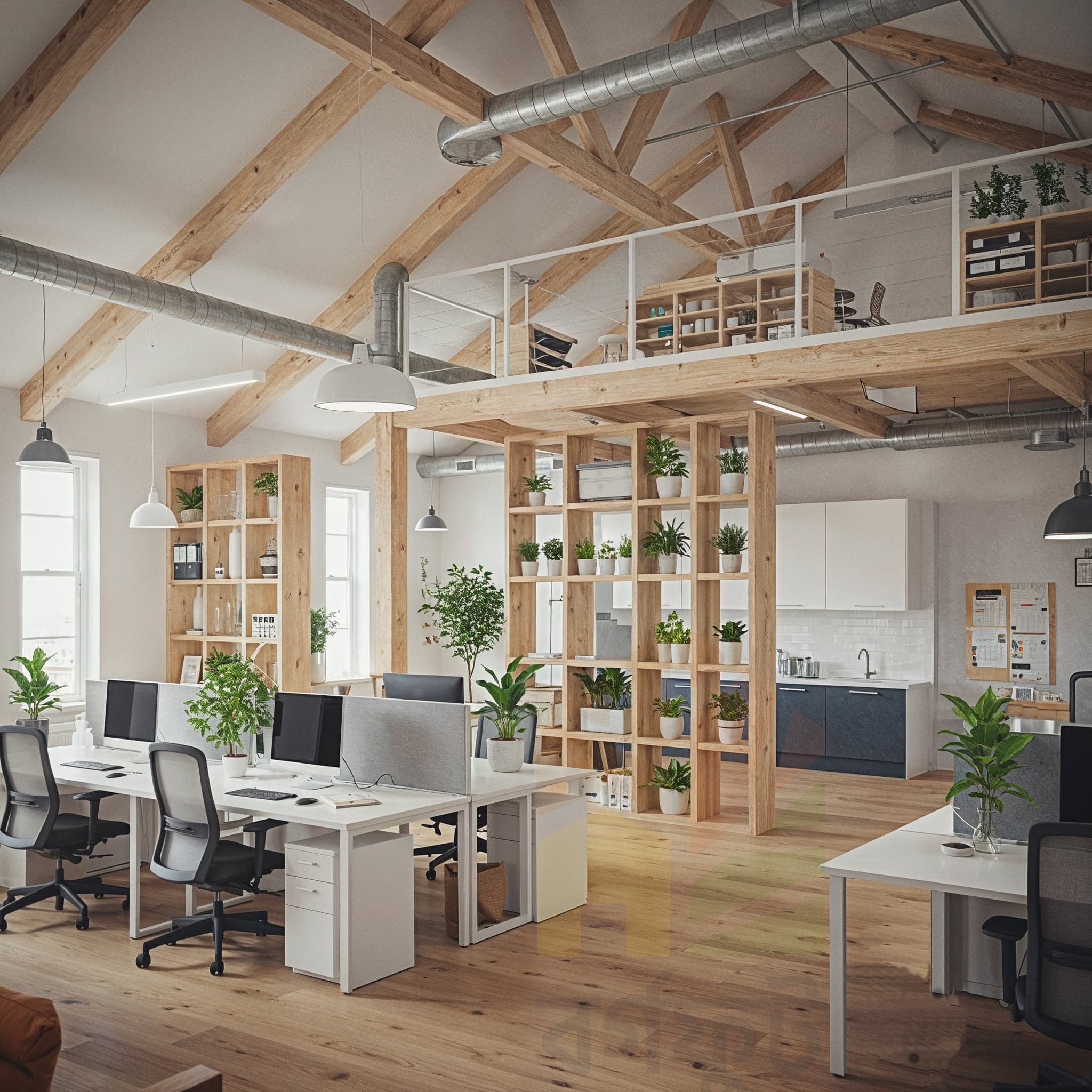 A candid image of a bright, modern office space. Two long wooden desks are positioned side-by-side, each with several bright green office chairs on wheels. The desks have wooden storage boxes underneath.