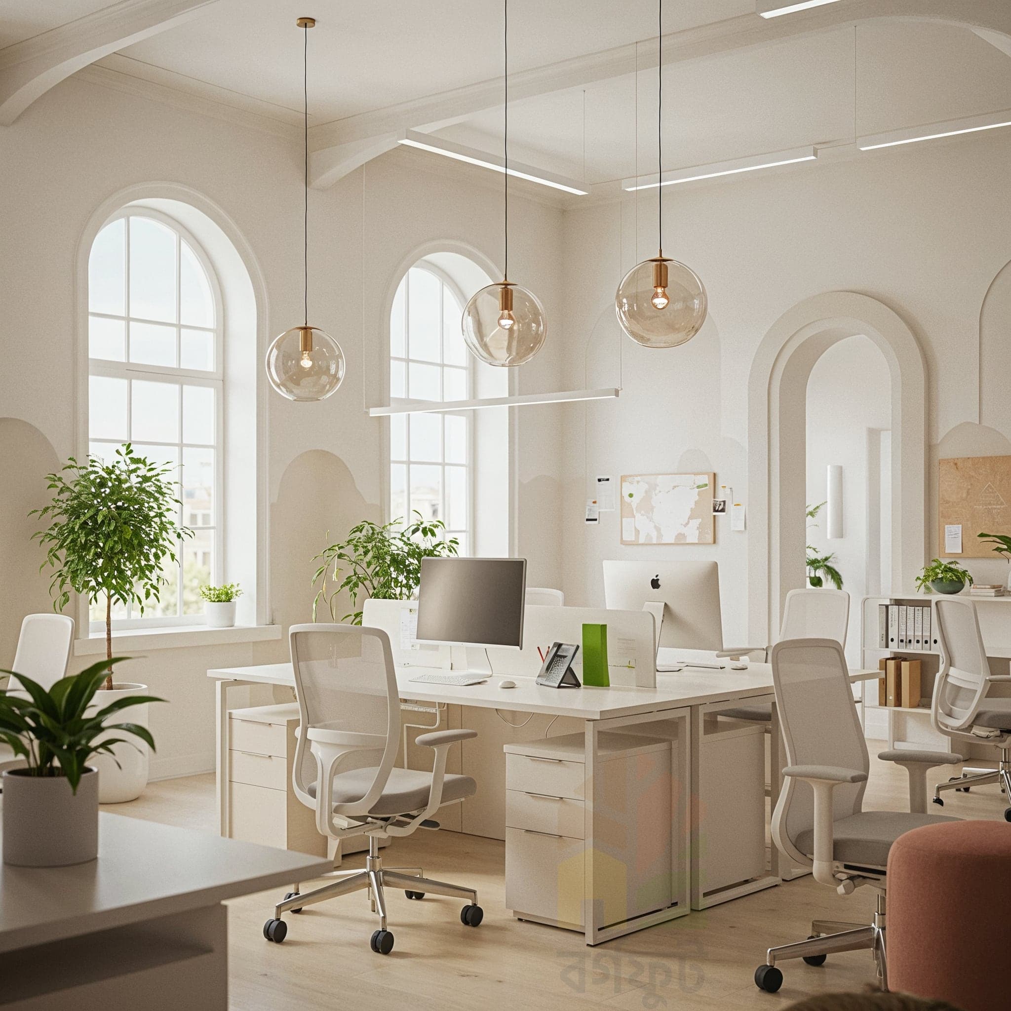 A candid, wide-angle image of a modern office interior. The space has a high, vaulted wooden ceiling with exposed beams and metal ductwork. White desks with black chairs are arranged in rows. A large wooden shelving unit, filled with potted plants and books, acts as a room divider.