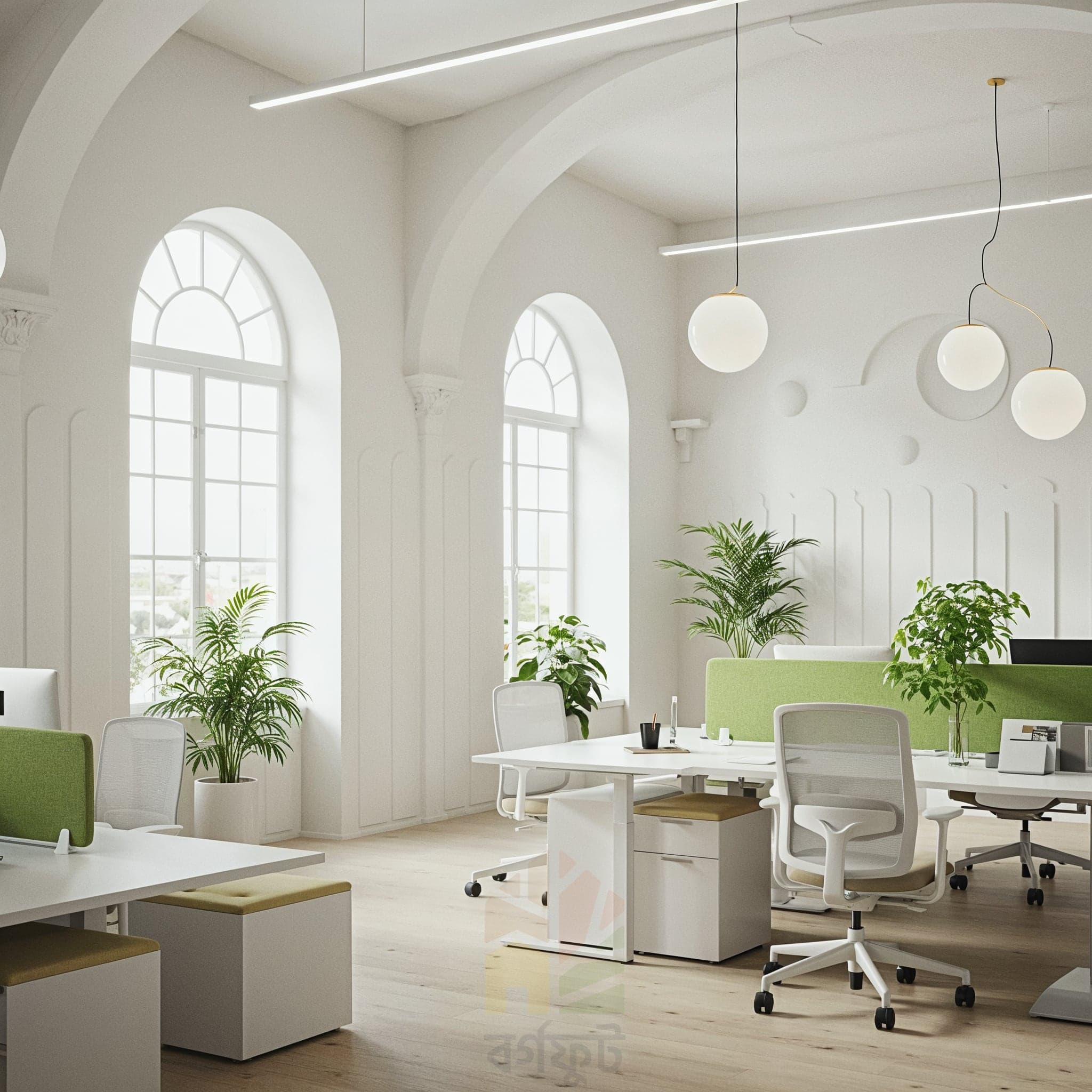 A bright, modern office interior with classic architectural details. The room features three large arched windows with white frames. The walls are white with decorative molding, and the floor is light-colored wood. A long white desk is positioned in the center, with white and beige office chairs and potted plants. Three pendant lights with spherical glass shades hang from the ceiling. The overall mood is elegant and professional.