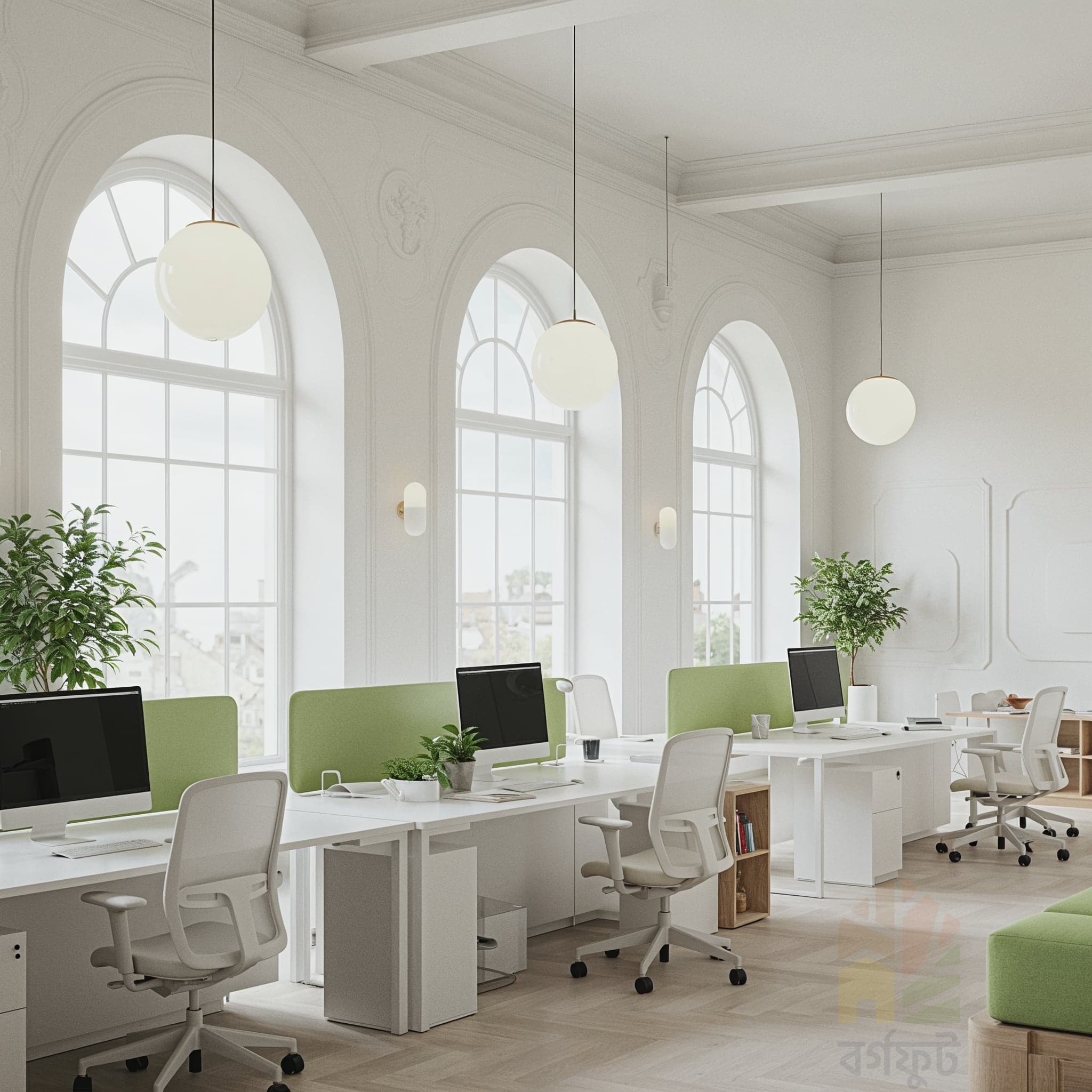 A bright, modern office interior with a white and green color scheme. The space features a long white desk with light green dividers, and multiple white and beige office chairs on wheels. The walls are a pristine white with decorative trim, and the floor is light-colored wood. Potted plants are placed throughout the room, on the floor, desks, and window sills.