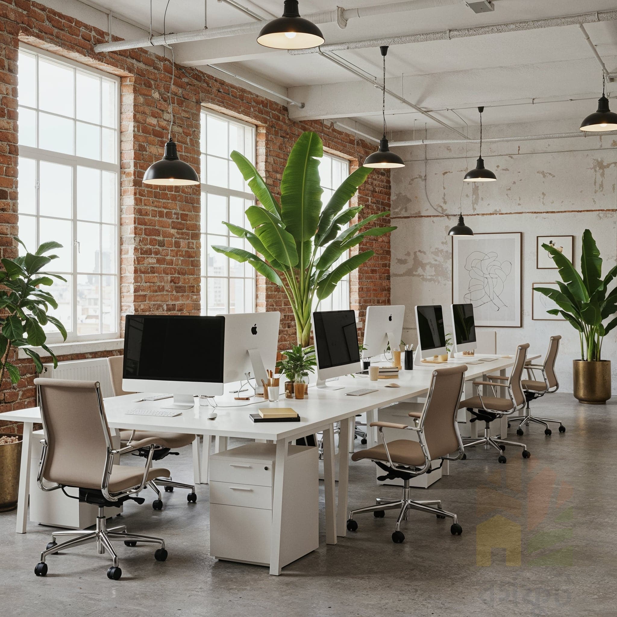 A wide-angle, candid image of a modern office interior. The space features two rows of light-wood desks with black metal frames. Potted plants line the center of the desks, and black office chairs are at each station. The ceiling is exposed concrete with visible pipes and ductwork. Large black pendant lights hang above the desks. 