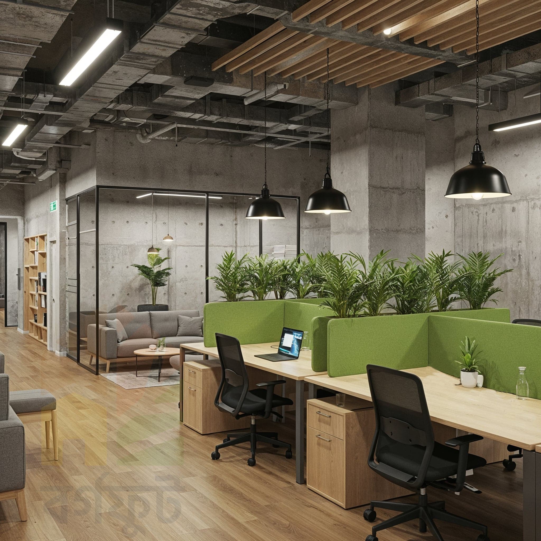 A close-up, eye-level image of a bright, modern office space. The open-plan area features long wooden desks with bright green fabric partitions, separating the workstations. Potted plants are placed on the desks and on a low divider. Black office chairs with wheeled bases are visible at each station.