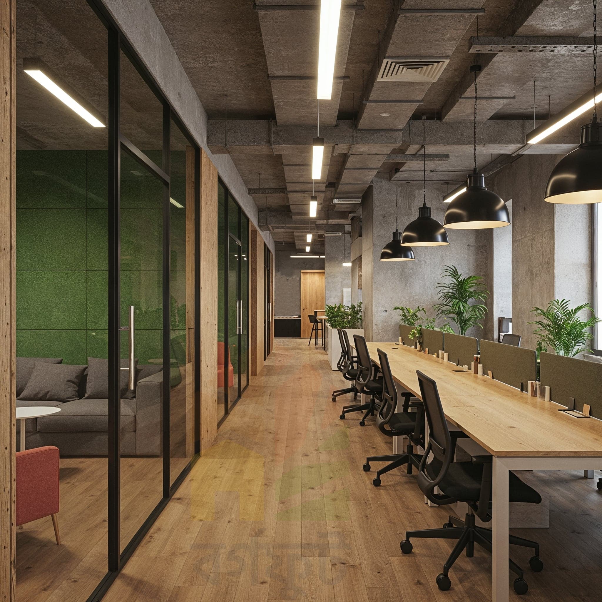 A bright, modern open-plan office space. A long wooden desk with green partitions runs through the center of the room, with bright orange office chairs on either side. A seating area with green and grey sofas and a round white coffee table is in the foreground, on top of a circular green rug.