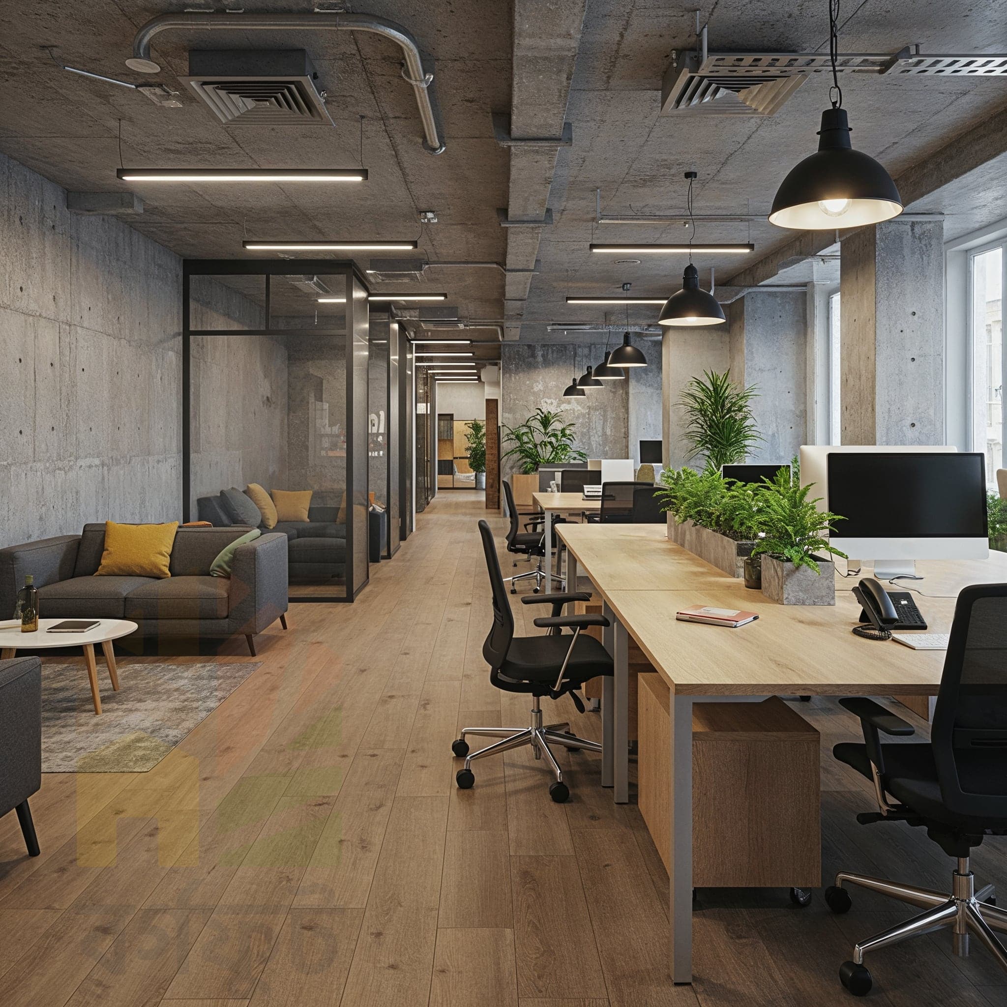 A wide-angle, symmetrical image of a large, industrial-style office space. The room features high ceilings with exposed wooden trusses and brick walls. Two long, rustic wooden desks with black metal frames are positioned in the foreground, with computers and brown leather chairs. Potted plants are scattered throughout the room. A mezzanine level with an office area is visible in the background.