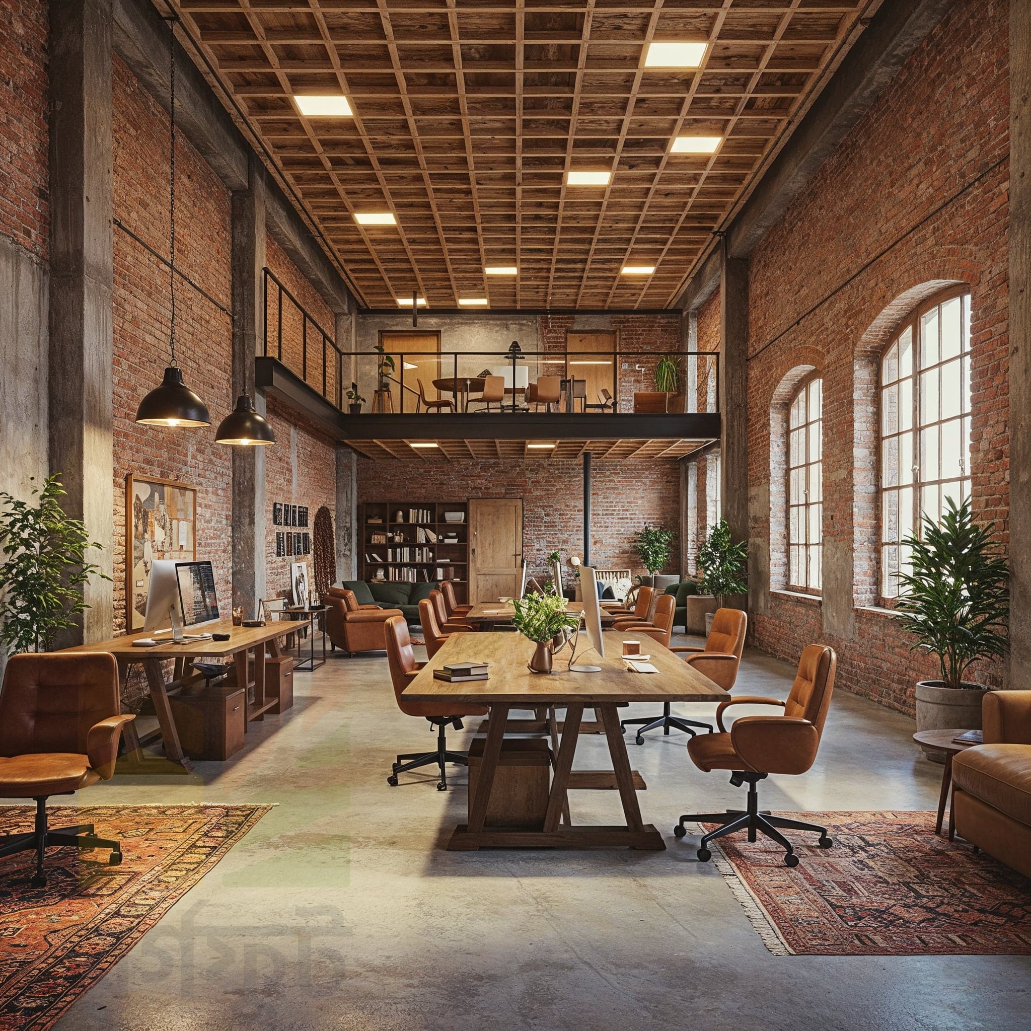 A large, modern office with a warm, inviting atmosphere. The space features wooden parquet flooring with large, patterned red rugs. Open-plan wooden desks with orange fabric partitions and black chairs are arranged in rows.