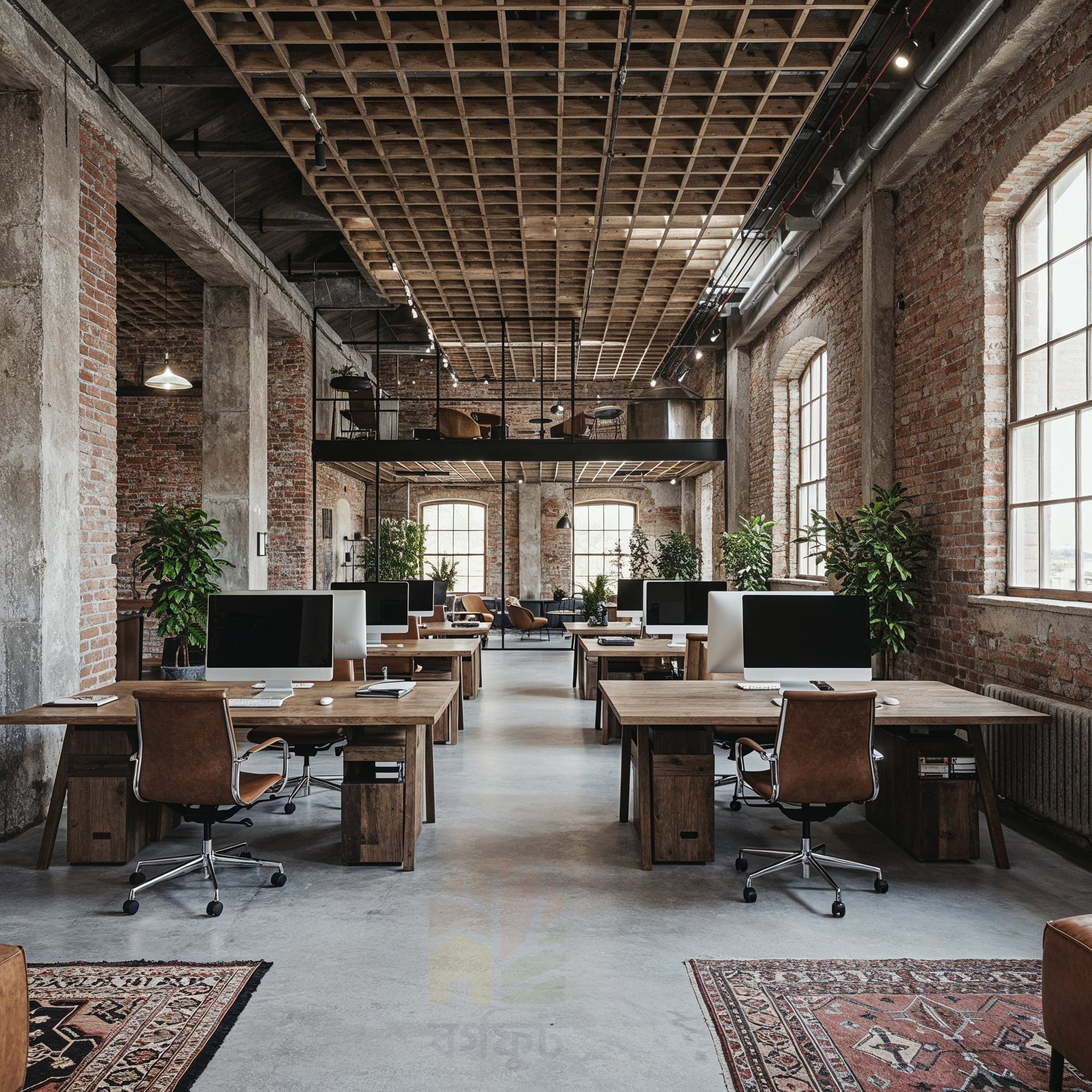 A modern commercial office interior with an industrial aesthetic. The space features a long wooden desk with black metal legs, with black office chairs arranged along it. The ceiling is exposed concrete with visible pipes and ductwork. On the right, a glass partition reveals a seating area with a grey sofa and yellow throw pillows.