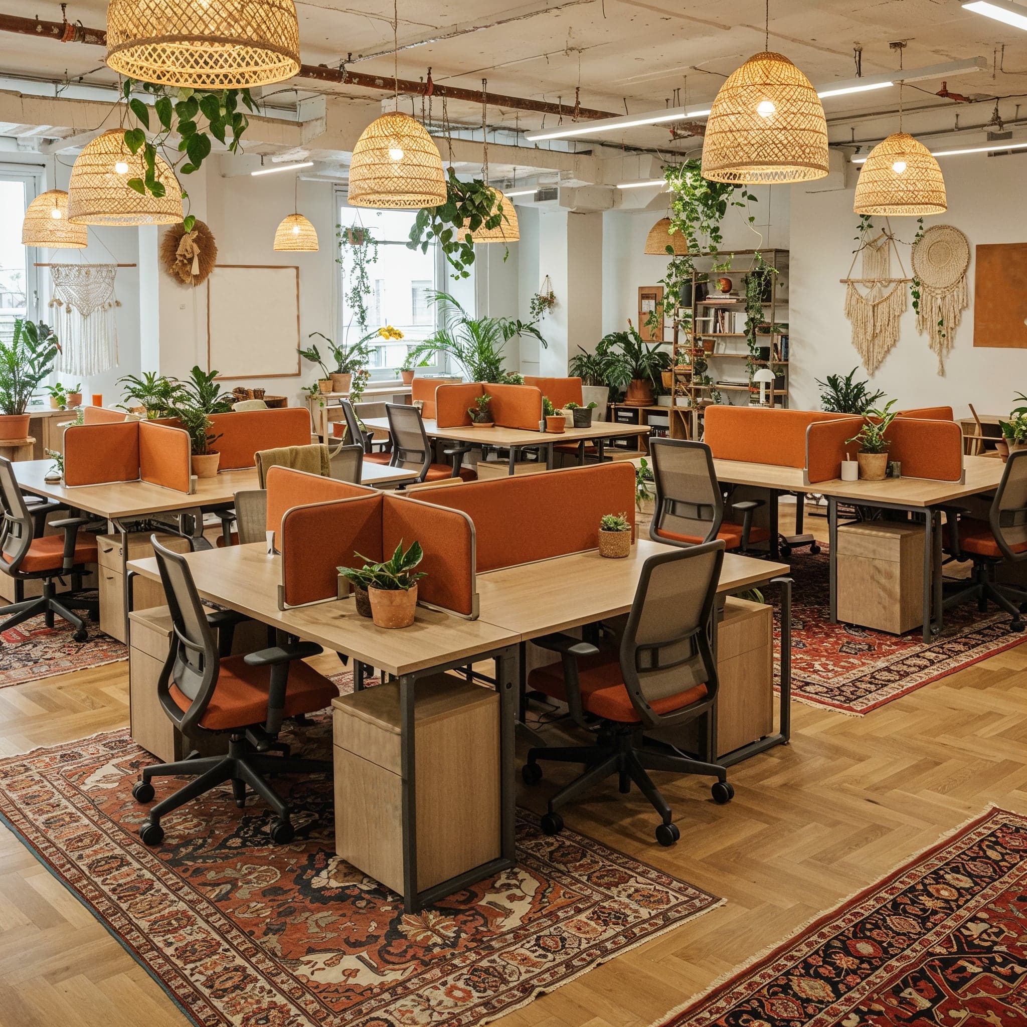 A wide-angle, eye-level image of a modern commercial office interior. The space features large wooden desks with black metal legs arranged in a cluster. The walls are exposed concrete, and the ceiling has a dark, gridded texture with linear LED light strips. Potted plants are placed on the desks and on large black metal shelving units that also hold books and decorative items. Black office chairs with wooden backs are placed at each workstation. Large windows line the back wall, and natural light fills the room.