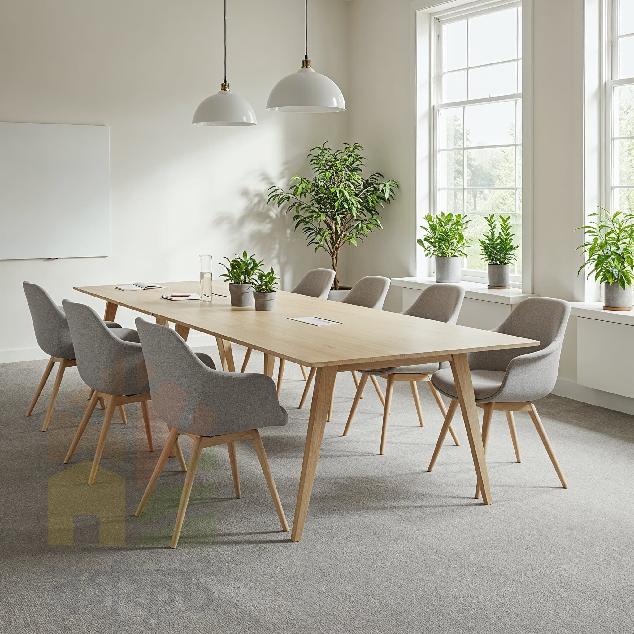 A candid, eye-level image of a modern office hallway. The raw concrete walls and ceiling are offset by polished wooden floors. On the left, a glass wall with a black frame reveals a cozy seating area with grey couches and a small coffee table. On the right, a long wooden desk with black legs runs along the wall, featuring several monitors and black office chairs. Potted plants line the center of the desk, and large black industrial pendant lights hang from the ceiling. The overall mood is professional and minimalist.
