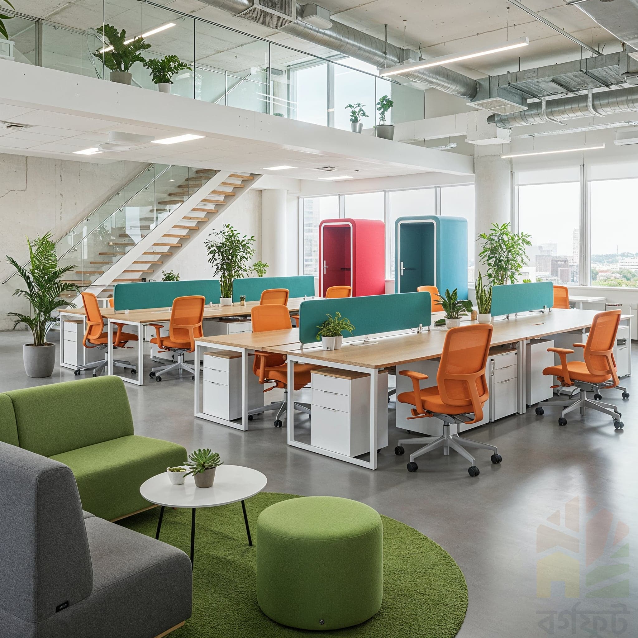 A wide-angle, candid image of a modern, open-plan office. Exposed brick walls and concrete columns contrast with a light-toned wooden ceiling featuring a grid of recessed square lights. Multiple wooden desks with black-framed computers are arranged in rows, with dark brown leather chairs. Potted plants are placed throughout the space, on shelves, desks, and floors, adding greenery. 