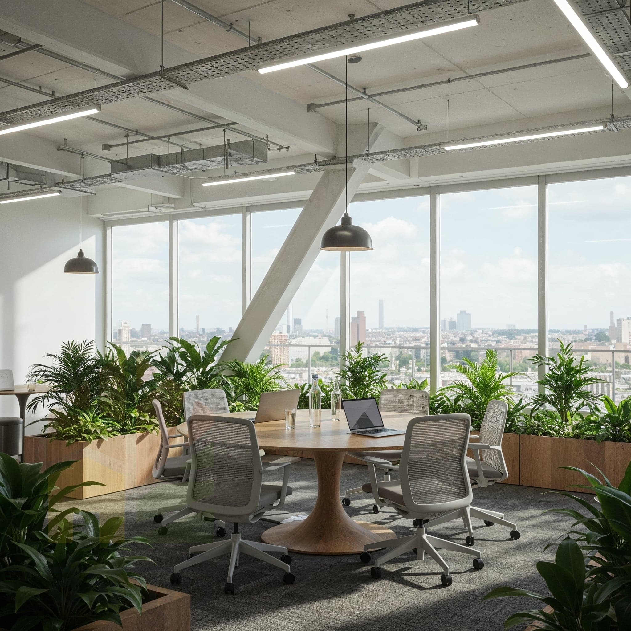 A wide-angle, eye-level image of a modern, open-plan office meeting space. A large, circular light-wood table with grey chairs sits in the center. The room is surrounded by floor-to-ceiling windows with a view of a cityscape. Large wooden planters filled with various lush green plants line the windows, acting as a natural divider.