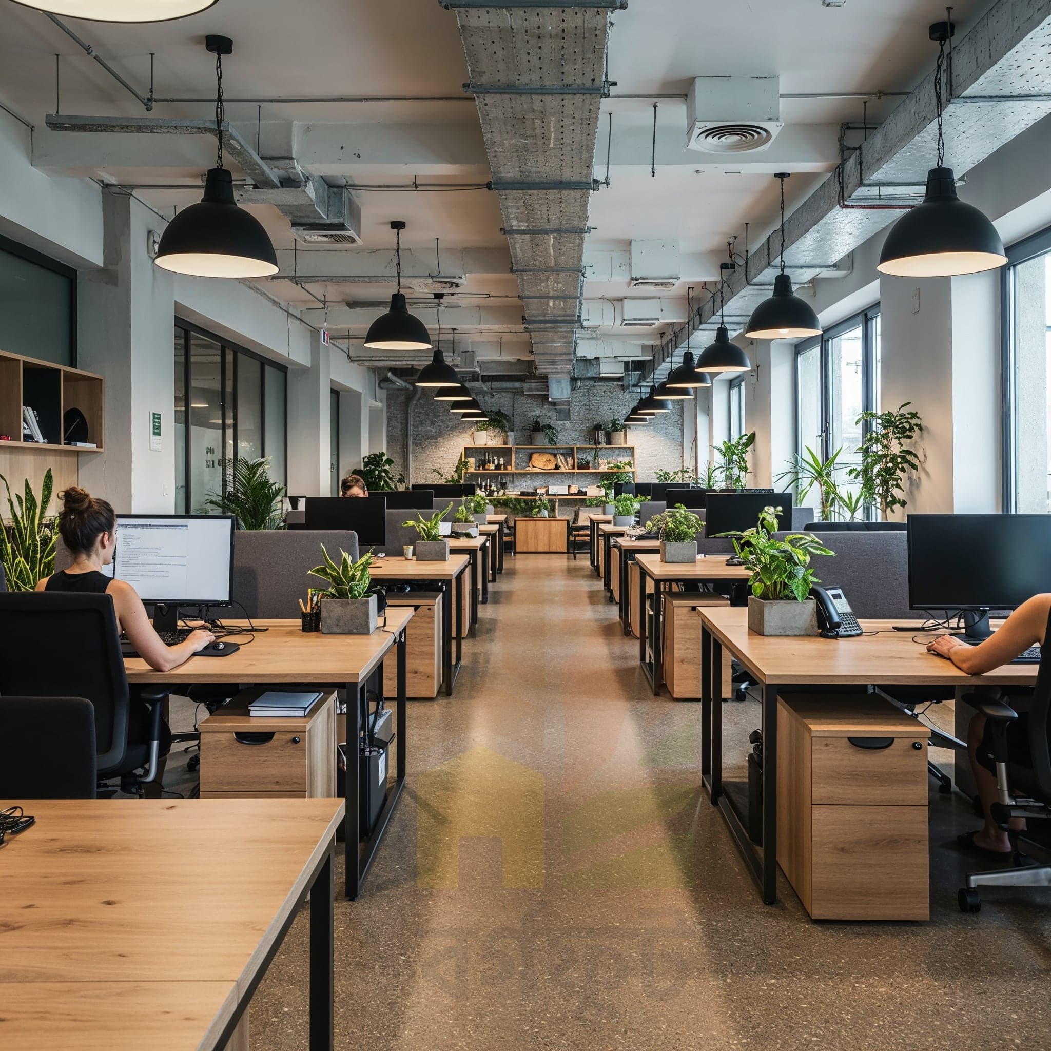 A wide-angle image of a modern loft office. The space features a high, vaulted wooden ceiling with exposed beams and ductwork. Light wood desks with white filing cabinets are arranged in a row. A large wooden shelving unit, filled with books and potted plants, acts as a room divider. A kitchen area with a white and light wood counter is visible in the background. A wooden mezzanine level with more desks and plants is visible above.