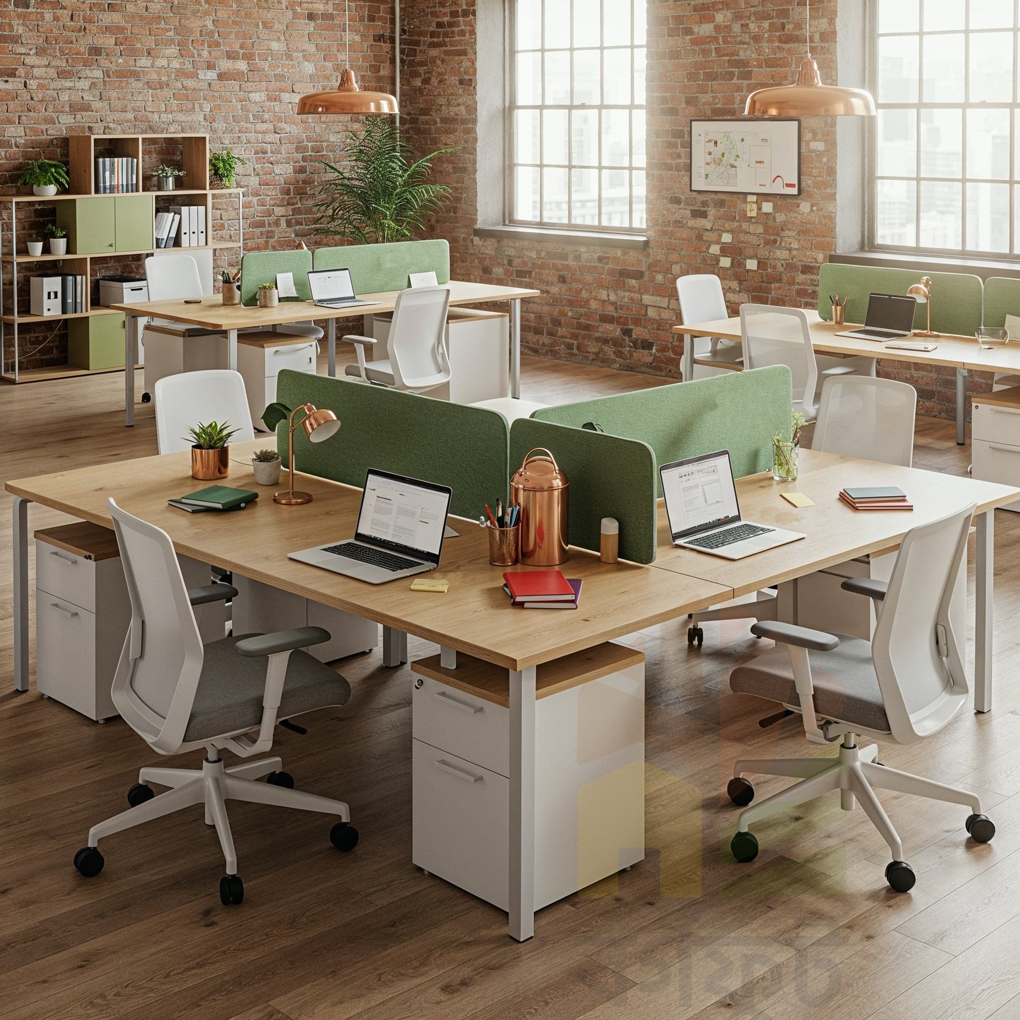 A candid, wide-angle image of a modern, open-plan office. The space features wooden desks with light green partitions and white filing cabinets. White and grey office chairs are placed at each workstation. Exposed brick walls with large windows give the room a rustic feel. Potted plants and copper-colored accessories are placed on the desks.