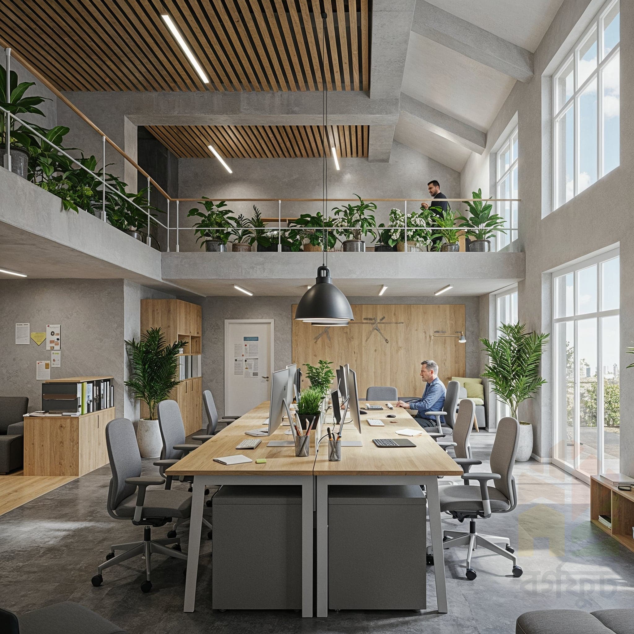 A candid, eye-level image of a modern office interior with a mix of industrial and natural elements. The space features a long wooden table with grey office chairs. The walls and angled ceiling are exposed concrete.