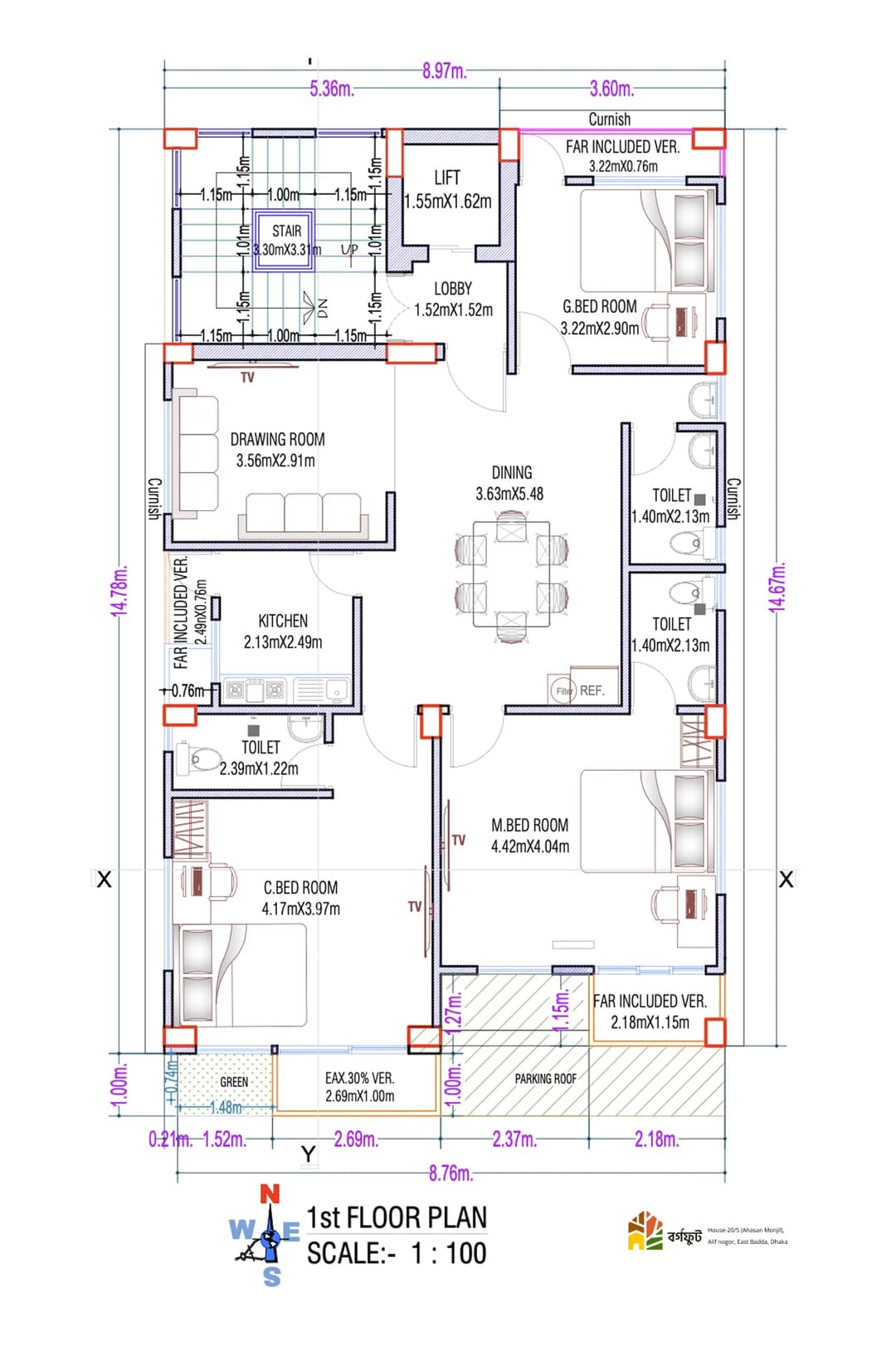 Residential 1st Floor Plan with 3 Bedrooms