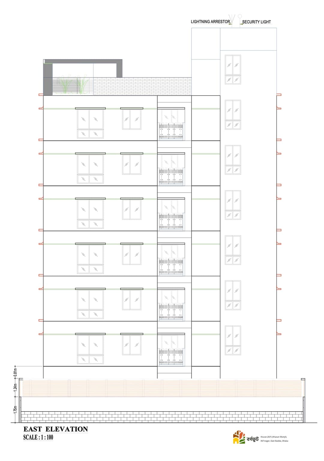 East and West Elevations of 6-Floor Residential Building