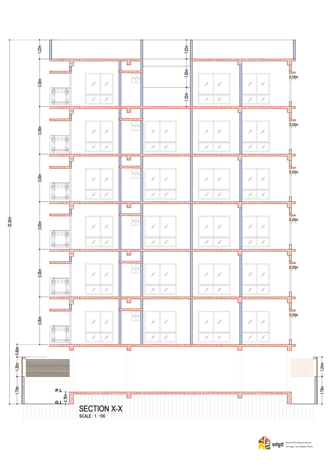 Section X–X of 6-Floor Residential Building Showing Floor Heights and Structure