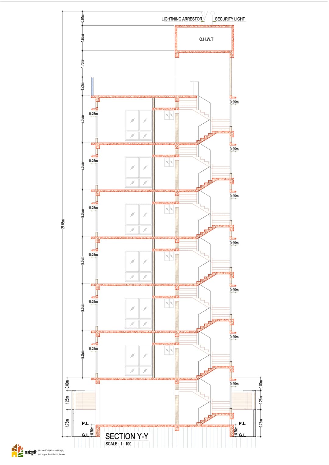 Section Y–Y of 6-Floor Residential Building with Staircase and Overhead Tank