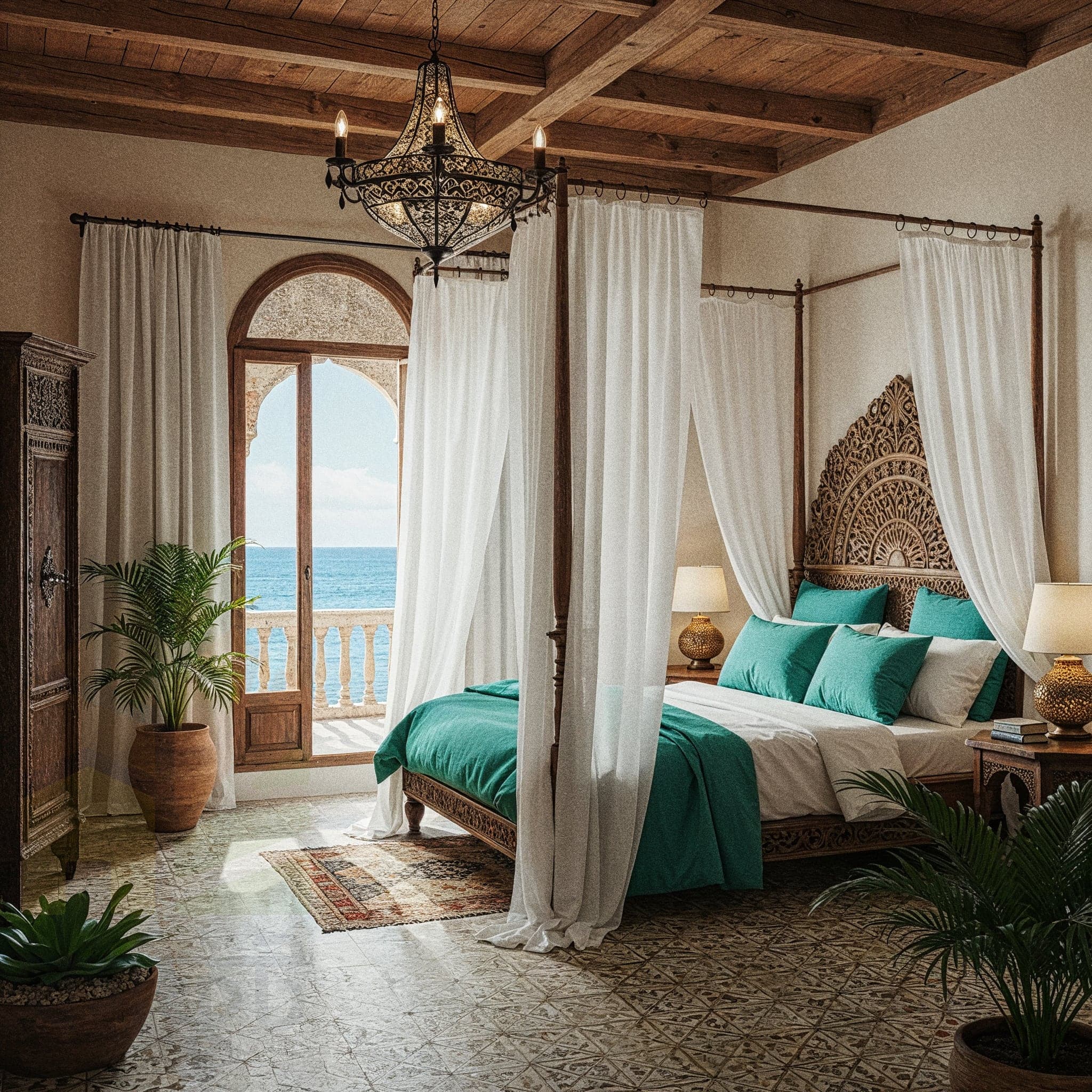 A bright and airy bedroom featuring Moroccan-inspired design with a low wooden bed adorned with terracotta and cream-colored linens, accented by intricate patterned throw pillows. The room showcases woven rattan wall decor, a plush jute rug, and potted plants, creating a warm, earthy ambiance. Soft sunlight filters through sheer curtains, highlighting the warm beige walls and wooden furniture, evoking a cozy, bohemian mood ideal for relaxation.