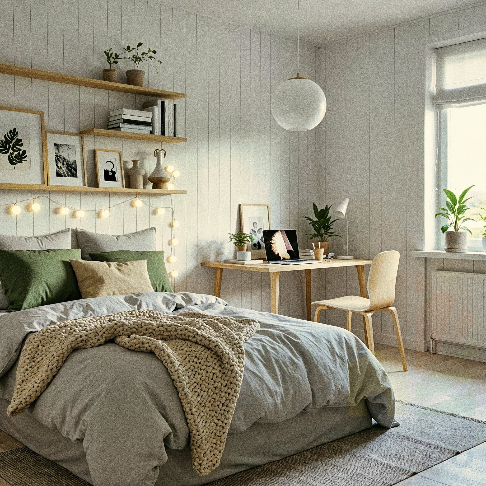 A bright, airy bedroom with a Nordic Cozy design, featuring a low wooden bed dressed in soft grey linens and a chunky beige knit throw, accented by green and beige pillows. The room includes a wooden desk with a laptop, a white chair, and potted plants, complemented by floating wooden shelves displaying books, framed art, and decorative vases. Warm string lights hang above the bed, casting a cozy glow against the white vertical wooden walls, with natural light streaming through a large window, enhancing the peaceful and inviting mood.