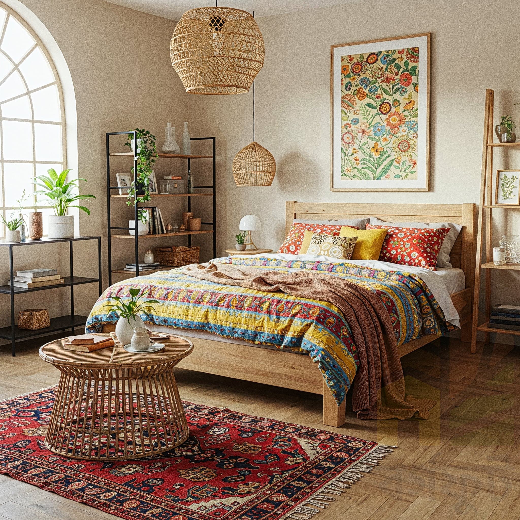 A bright, eclectic bedroom with a Boho Vibrant design, featuring a wooden bed adorned with a multicolored striped quilt in yellow, red, and green, complemented by vibrant floral pillows and a cozy beige throw. The room includes a woven rattan coffee table with books and plants, a black metal shelf with potted greenery and decorative items, and two hanging rattan pendant lights. A richly patterned red rug with intricate blue and beige designs covers the wooden floor, while a large floral artwork and a ladder shelf with plants enhance the warm, lively atmosphere.