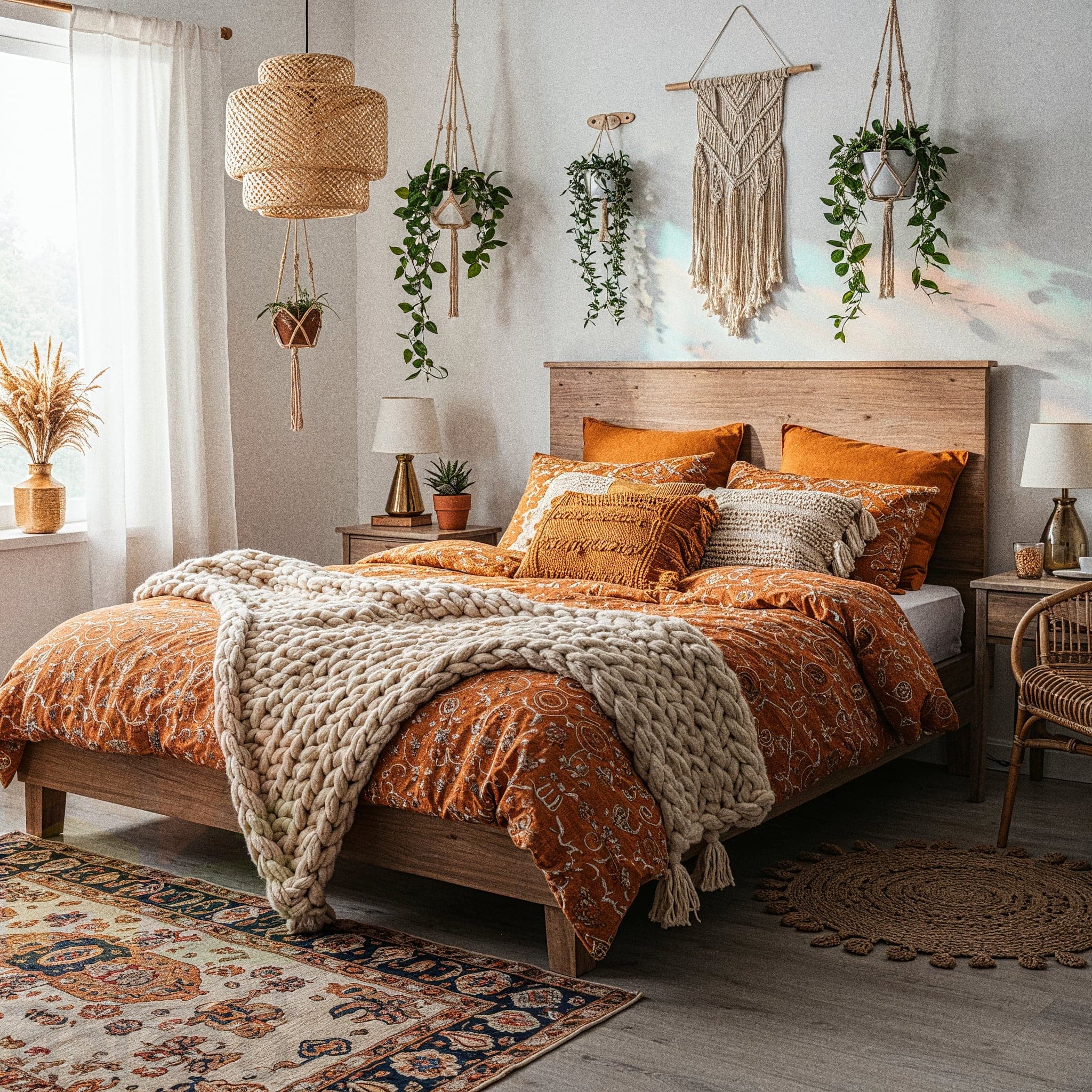A cozy bedroom with a Boho Warm design, featuring a wooden bed adorned with an orange patterned quilt and plush orange and beige pillows, complemented by a chunky white knit throw. The room includes hanging rattan pendant lights, a macramé wall hanging, and cascading green plants in woven baskets, with a small woven rug and a patterned rug adding texture to the wooden floor. Side tables with lamps and potted plants enhance the warm, earthy ambiance, illuminated by natural light from a large window with sheer curtains.