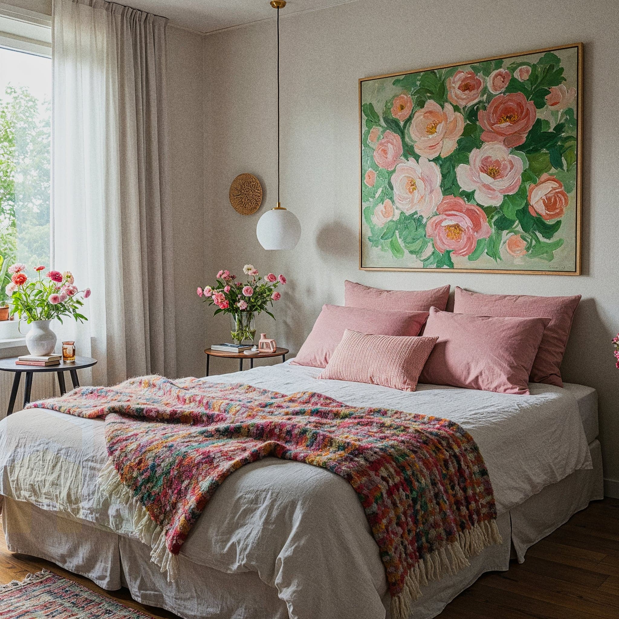 A serene bedroom with a Romantic Boho design, featuring a wooden bed dressed in light grey linens and a colorful knit throw with pink, orange, and green tones, accented by soft pink and beige pillows. The room includes a large floral painting of pink roses on the wall, a hanging white globe pendant light, and two wooden side tables with vases of fresh pink flowers and potted plants. A patterned rug and sheer curtains framing a large window enhance the light, airy, and romantic mood.