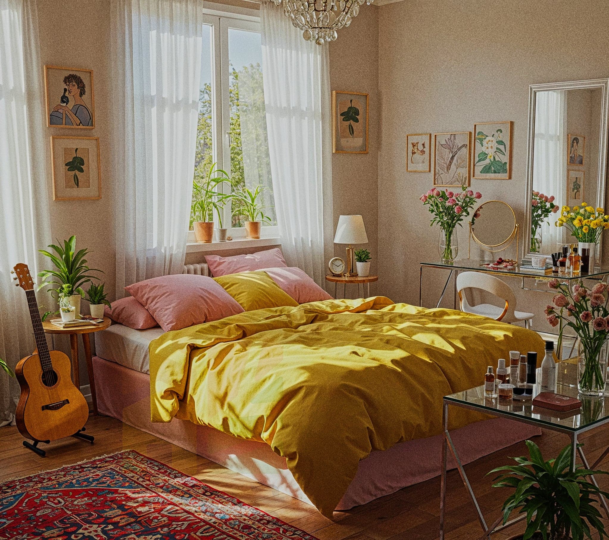 A tranquil bedroom with a Rustic Natural design, featuring a wooden bed with a beige linen duvet and green throw pillows, complemented by a wooden headboard and side table holding a potted plant and a rustic lamp. The room includes exposed wooden beams on the ceiling, a woven jute rug, and large windows with sheer curtains allowing natural light to highlight the warm brown tones and green accents. A hanging macramé plant holder and scattered greenery enhance the earthy, calming mood.