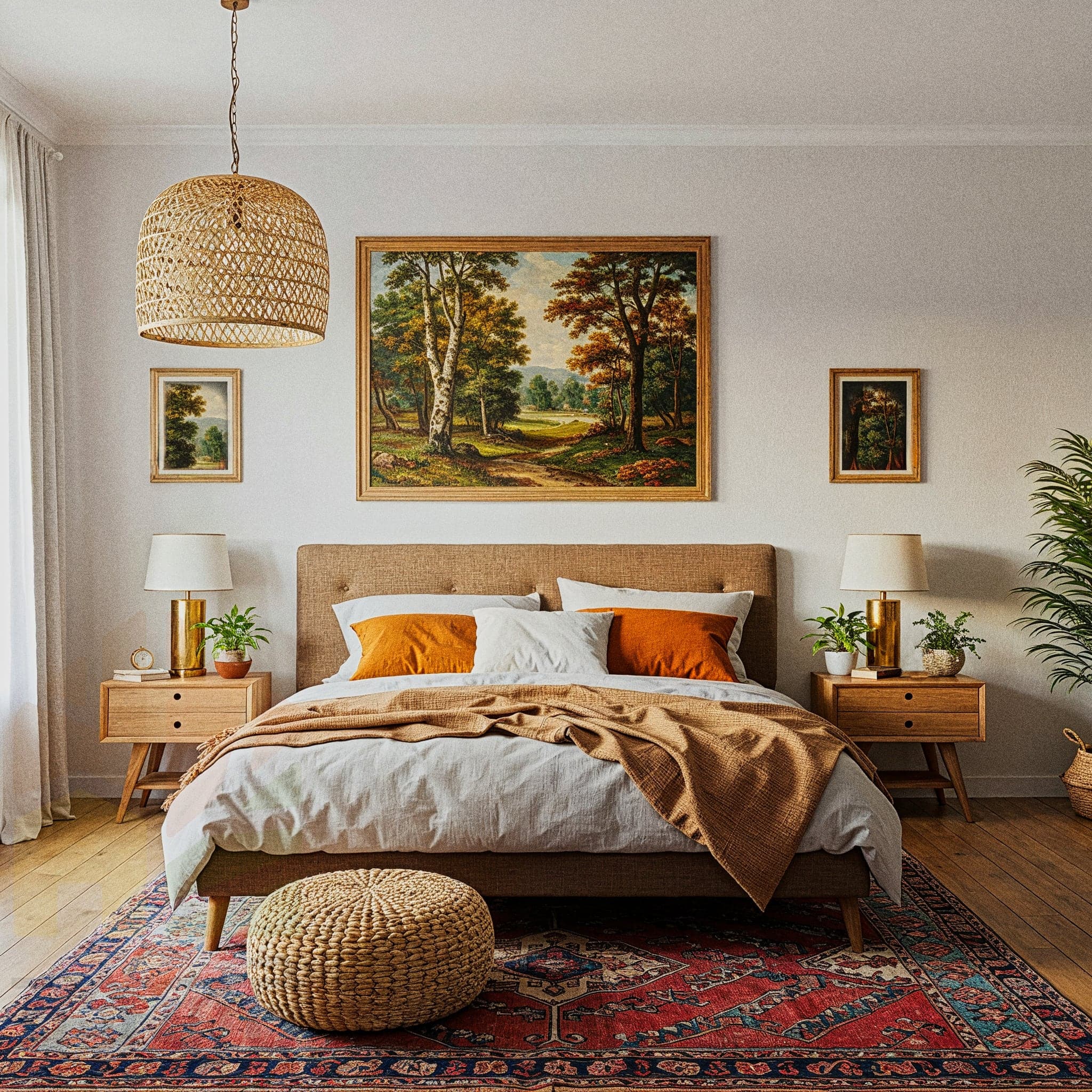 A vibrant bedroom with a Tropical Boho design, featuring a wooden bed with a colorful quilt in shades of green, yellow, and orange, complemented by patterned pillows and a light woven throw. The room includes a rattan chair with a cushion, a wooden shelf adorned with potted tropical plants and woven baskets, and a hanging rattan light fixture. Large windows with sheer curtains allow natural light to highlight the bamboo flooring and green walls, creating a lush, inviting tropical ambiance.