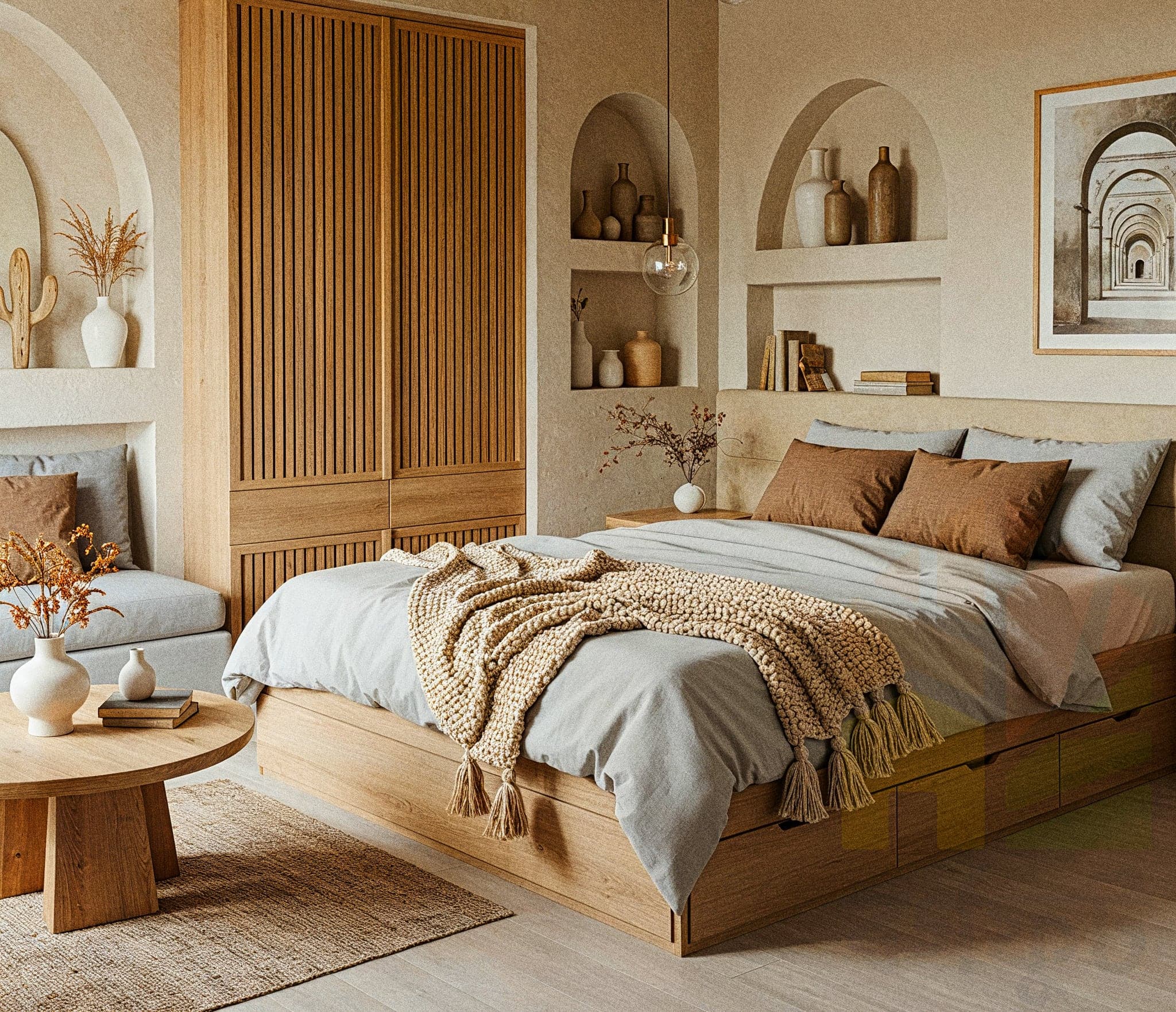 A warm bedroom with a Boho Earthy design, featuring a wooden bed with a terracotta-colored quilt and beige throw pillows, accented by a woven macramé wall hanging. The room includes a rattan chair with a cushion, a wooden coffee table with potted plants and a ceramic vase, and a hanging jute light fixture. A patterned rug in earthy tones covers the wooden floor, with large windows and sheer curtains enhancing the natural, bohemian ambiance.