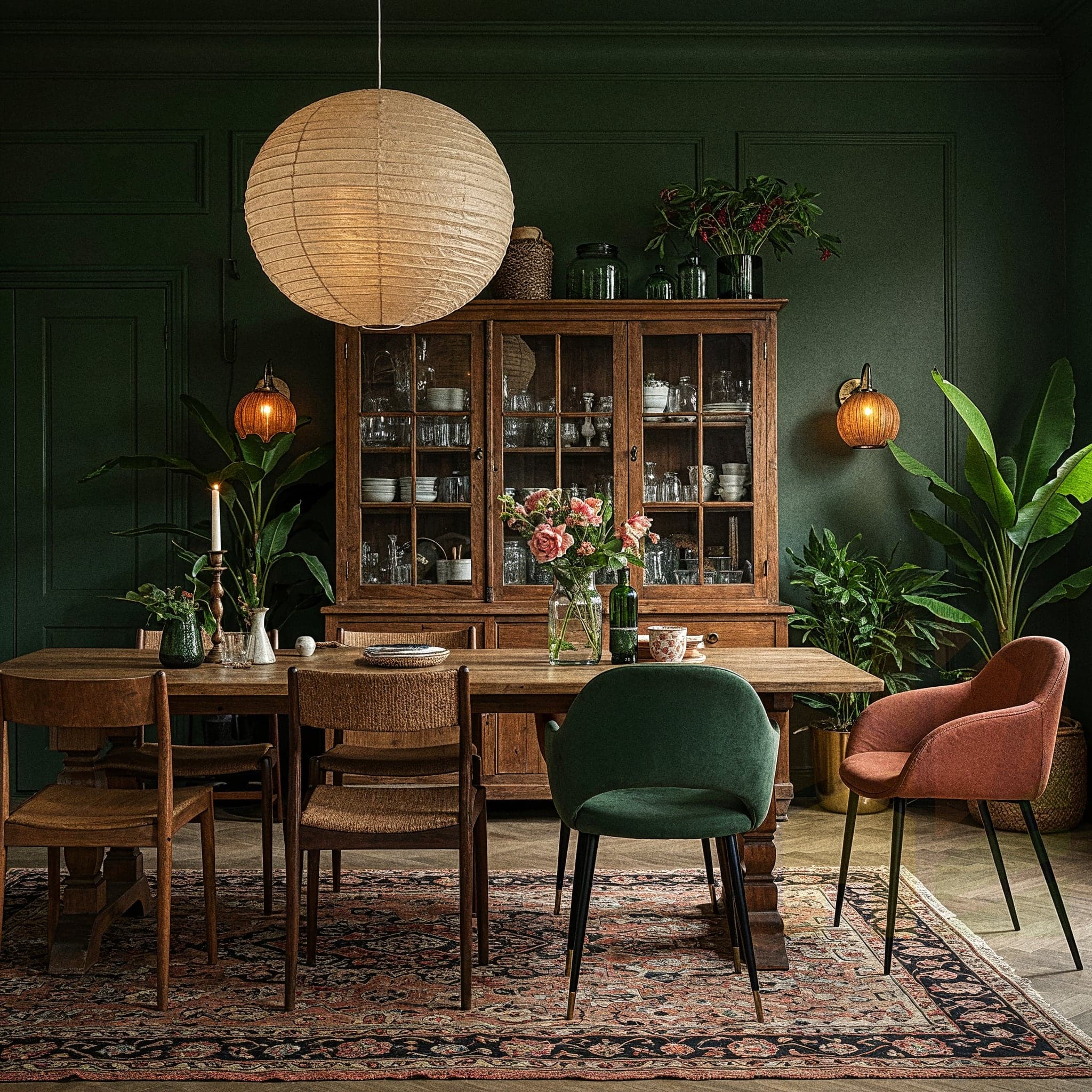 A vibrant dining room with a Mediterranean Vibrant design, featuring a wooden dining table with colorful mosaic tile inlays, surrounded by wrought iron chairs with cushioned seats in red and yellow. The room includes a hanging lantern with warm lighting, a tiled backsplash with intricate patterns, and potted olive branches in terracotta pots. Large windows with sheer curtains allow natural light to enhance the warm terracotta floor and white walls, creating a lively and inviting dining ambiance.