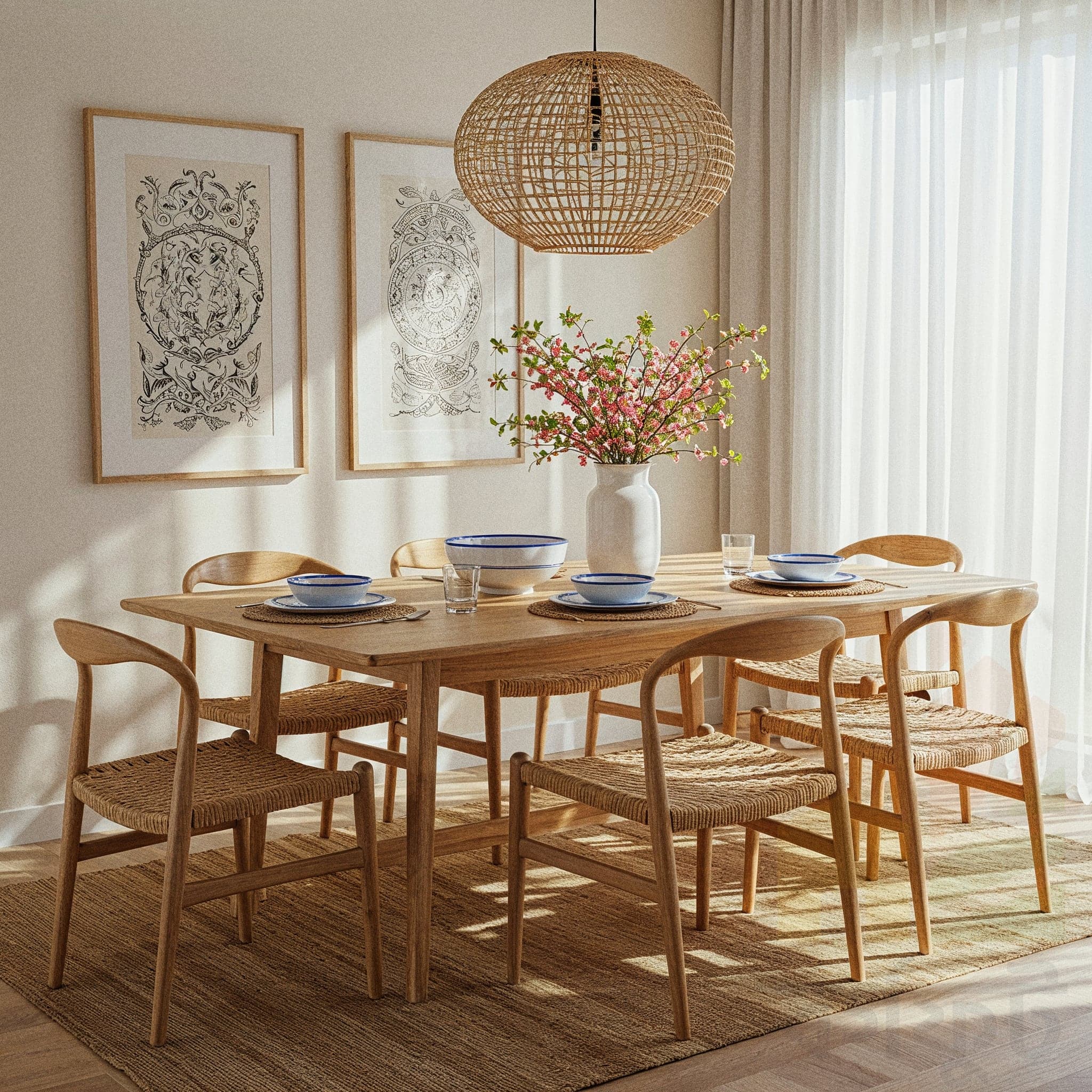 A striking dining room with an Industrial Chic design, featuring a rugged wooden dining table with black metal legs, surrounded by mismatched metal and wood chairs with leather seats. The room includes a pendant light with exposed Edison bulbs, a metal-framed shelf with potted succulents and vintage decor, and a concrete-textured wall. Large windows with sheer curtains allow natural light to highlight the dark wooden floor and metallic accents, creating a bold yet inviting atmosphere.