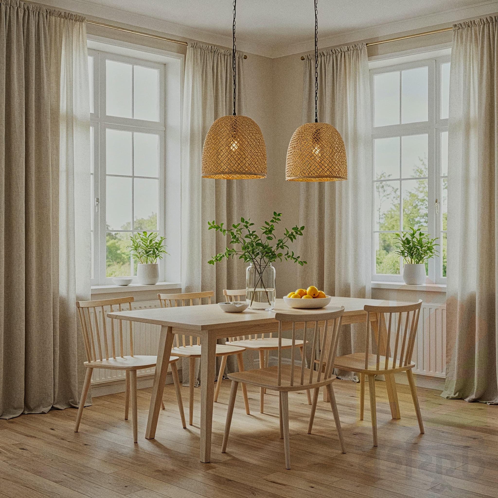 A cozy dining room with a Scandi Warm design, featuring a light wooden dining table with a white tablecloth and a centerpiece of candles and greenery, surrounded by cushioned chairs in beige. The room includes a wooden sideboard with a vase of fresh flowers, a soft grey rug, and warm pendant lights with fabric shades. Large windows with sheer curtains allow natural light to enhance the light wooden floor and white walls, creating a serene and inviting dining atmosphere.