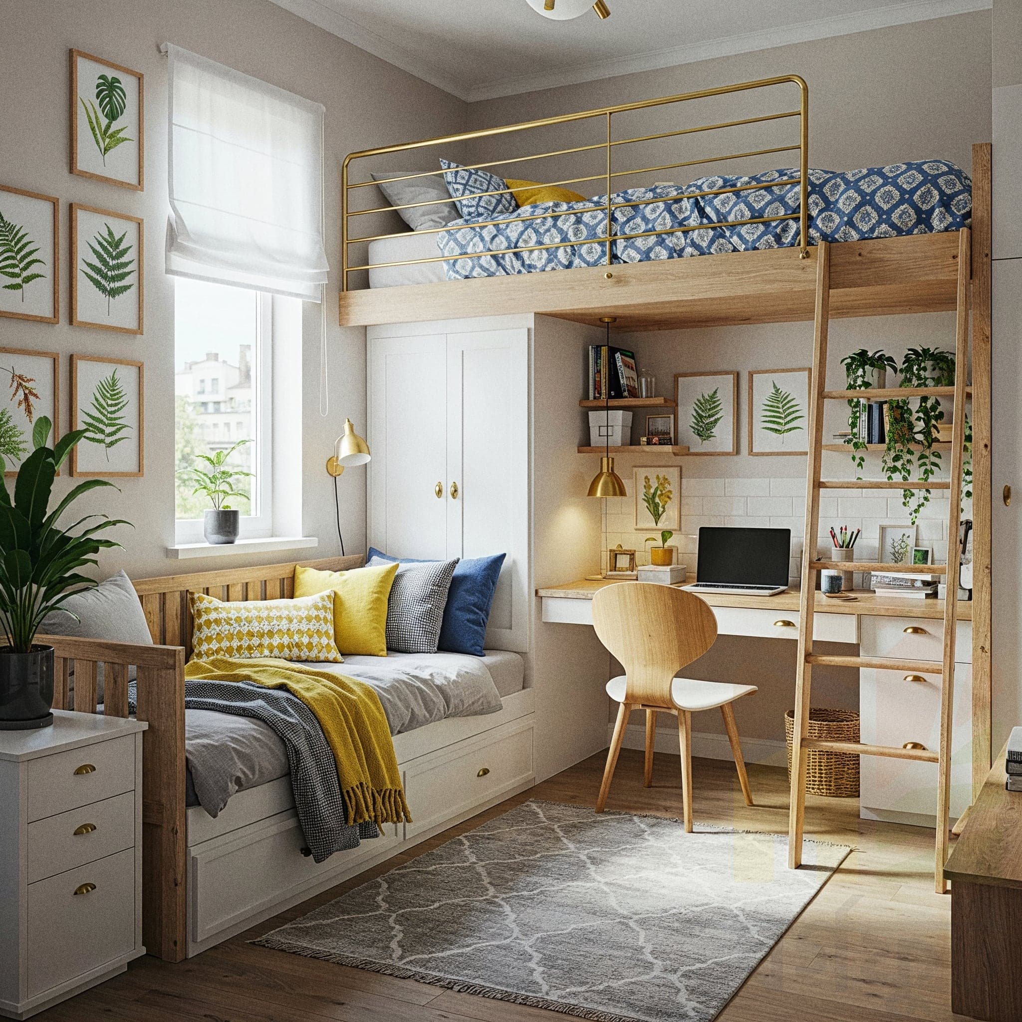 A magical child’s room with a Whimsical Woodland design, featuring a wooden bunk bed with green and brown bedding featuring tree and animal prints, paired with a small wooden stool holding a storybook. The room includes a fabric teepee with cushions, a wall mural of a forest scene, and a hanging mobile with woodland creatures. Large windows with sheer curtains allow natural light to enhance the light wooden floor and beige walls, creating a cozy and whimsical atmosphere.