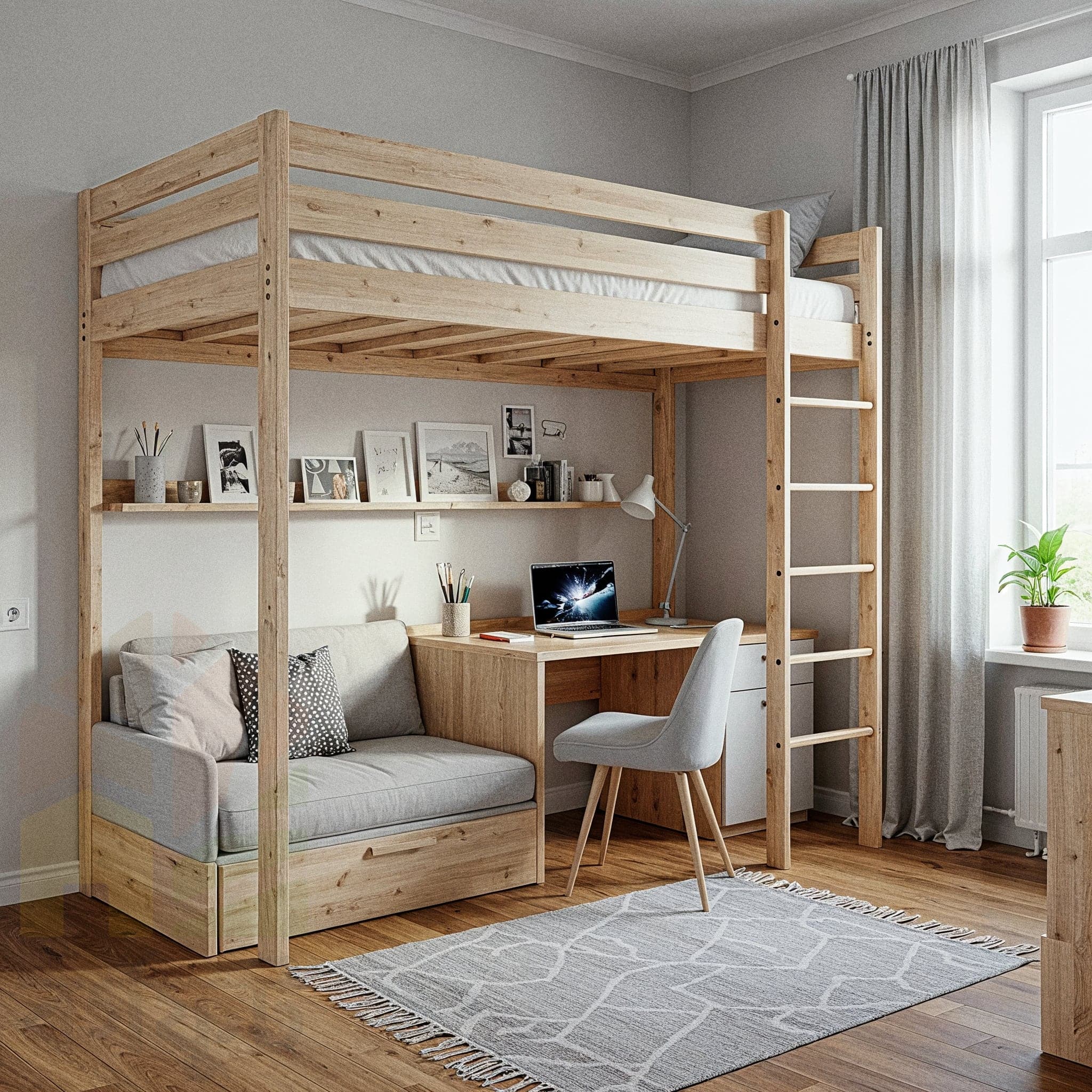 A peaceful child’s room with a Serene Pastel design, featuring a low wooden bed with light pink and mint green bedding, paired with a soft plush rug in lavender. The room includes a white wooden shelf with stuffed toys and a small potted plant, a hanging mobile with pastel stars, and a cushioned rocking chair in pale blue. Large windows with sheer curtains allow natural light to enhance the light wooden floor and soft grey walls, creating a tranquil and inviting atmosphere.