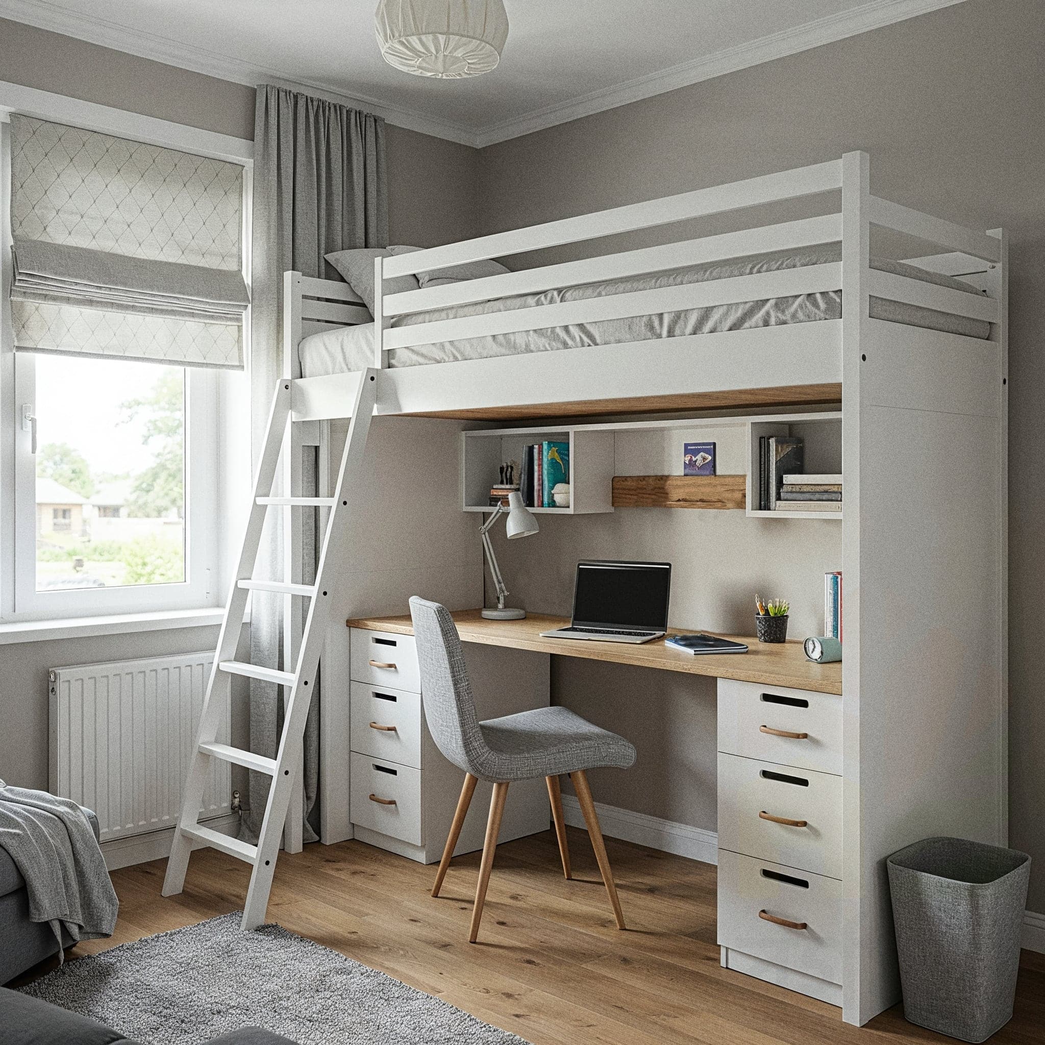 An exciting child’s room with a Cozy Adventure design, featuring a wooden bunk bed with a red and navy blanket featuring map prints, paired with a small wooden chest filled with toy cars. The room includes a world map wall decal, a hanging rope ladder, and a faux fur rug in brown. Large windows with sheer curtains allow natural light to enhance the dark wooden floor and beige walls, creating a warm and adventurous atmosphere.