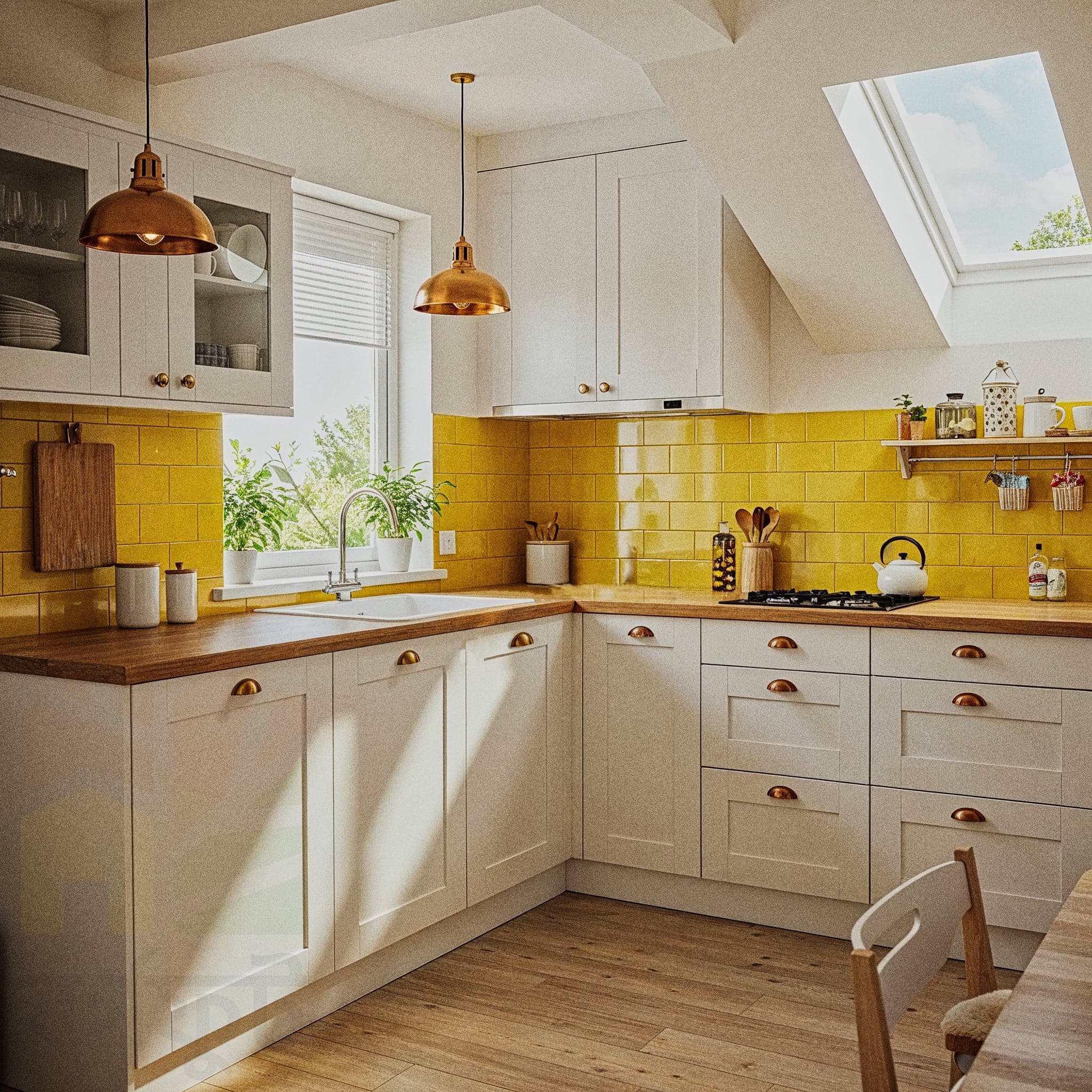 A cozy kitchen with a Rustic Warm design, featuring wooden cabinets with open shelves displaying ceramic bowls and spices, a stone backsplash, and a wooden countertop with a kettle. The room includes a vintage sink with brass faucet, a hanging rack with copper pots, and warm pendant lights with Edison bulbs. Large windows with sheer curtains allow natural light to enhance the dark wooden floor and beige walls, creating a welcoming cooking atmosphere.