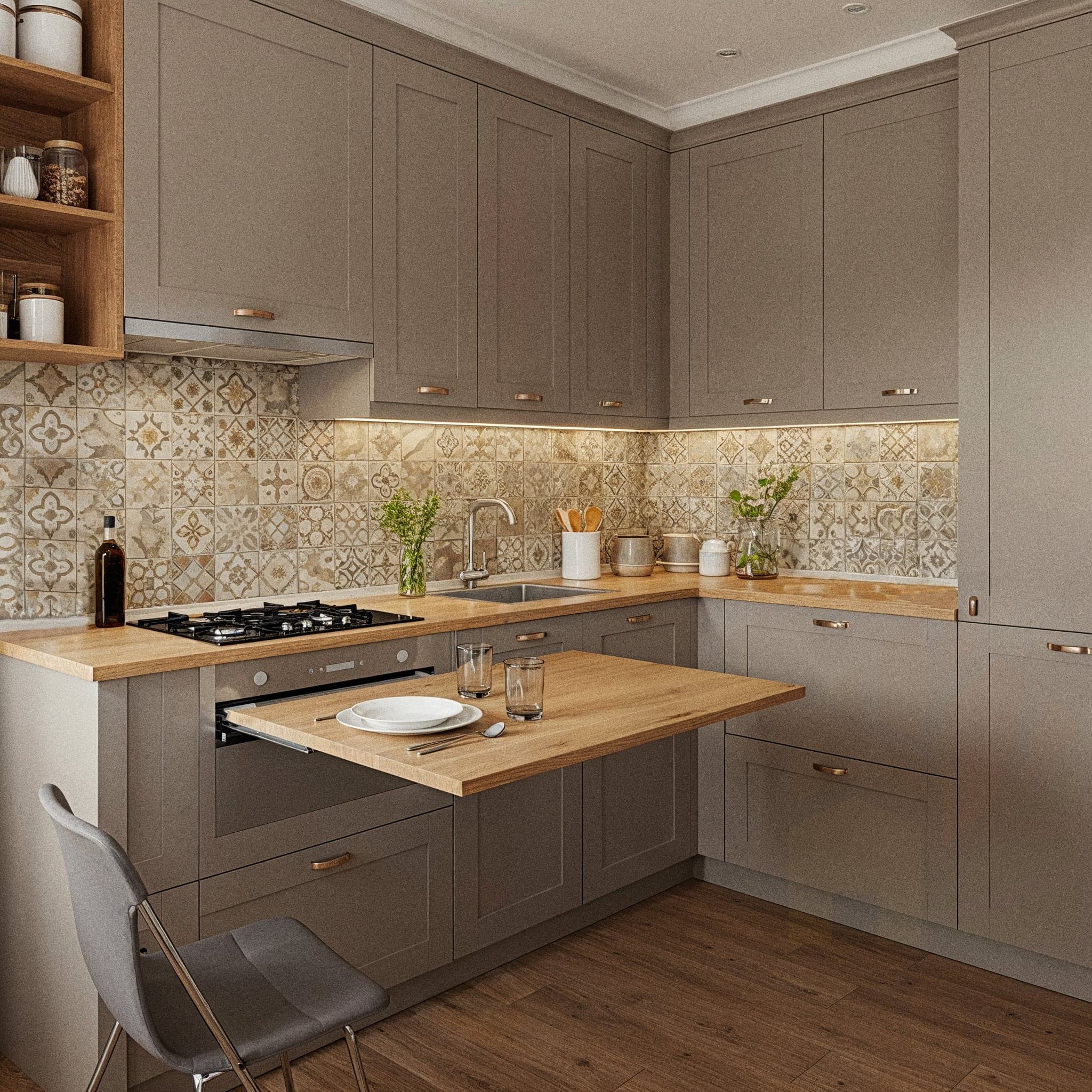 A sleek kitchen with a Modern Minimal design, featuring white cabinets with handleless doors, a glossy white countertop with a built-in sink, and stainless steel appliances. The room includes open shelves with a few ceramic mugs, a single pendant light with a metallic shade, and a small potted plant. Large windows with sheer curtains allow natural light to enhance the light grey floor and white walls, creating a clean and airy cooking atmosphere.