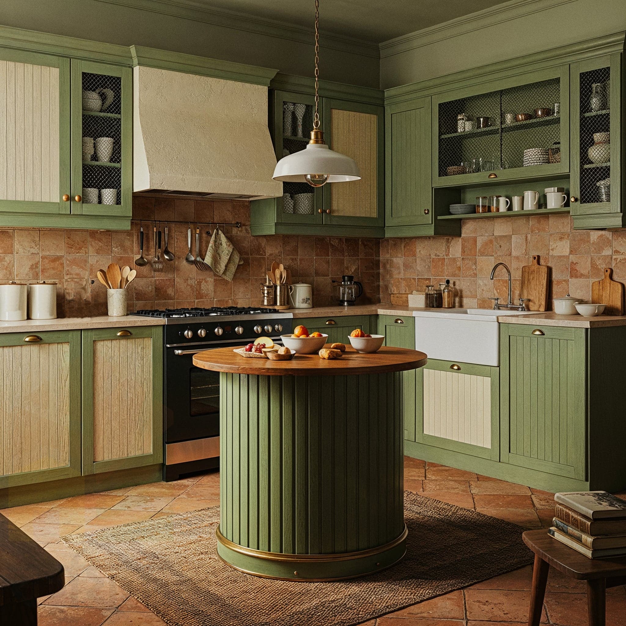 A cheerful kitchen with a Tropical Bright design, featuring bamboo cabinets with colorful handles, a wooden countertop with a bowl of tropical fruits, and a tiled backsplash with green and yellow patterns. The room includes open shelves with woven baskets and potted palms, a hanging rattan lamp with warm light, and a small dining nook. Large windows with sheer curtains allow natural light to enhance the light wooden floor and turquoise accent wall, creating a vibrant cooking atmosphere.