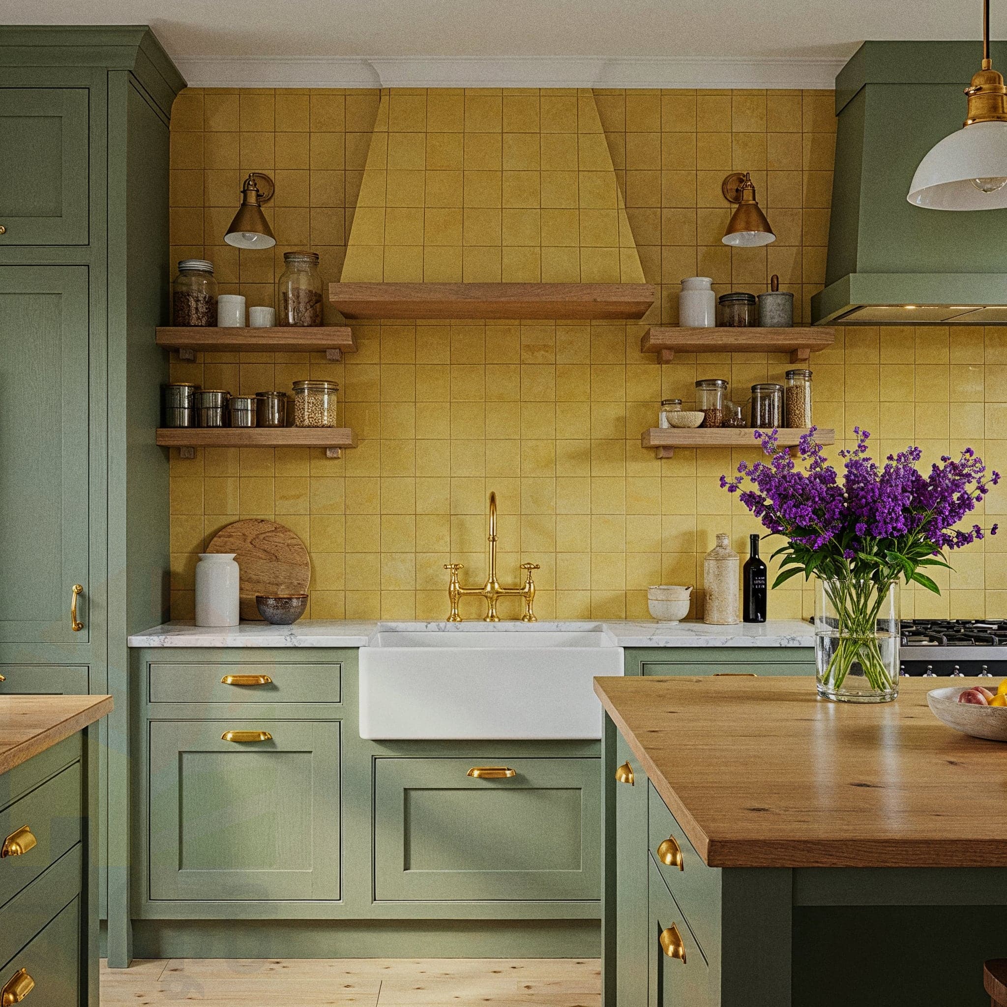 A spacious kitchen with an Industrial Open design, featuring exposed brick walls, a stainless steel countertop with a built-in stove, and open metal shelving with jars and cookbooks. The room includes a black metal island with bar stools, a hanging rack with cast iron pans, and pendant lights with exposed bulbs. Large windows with sheer curtains allow natural light to enhance the dark concrete floor and grey accent wall, creating a bold and functional cooking atmosphere.