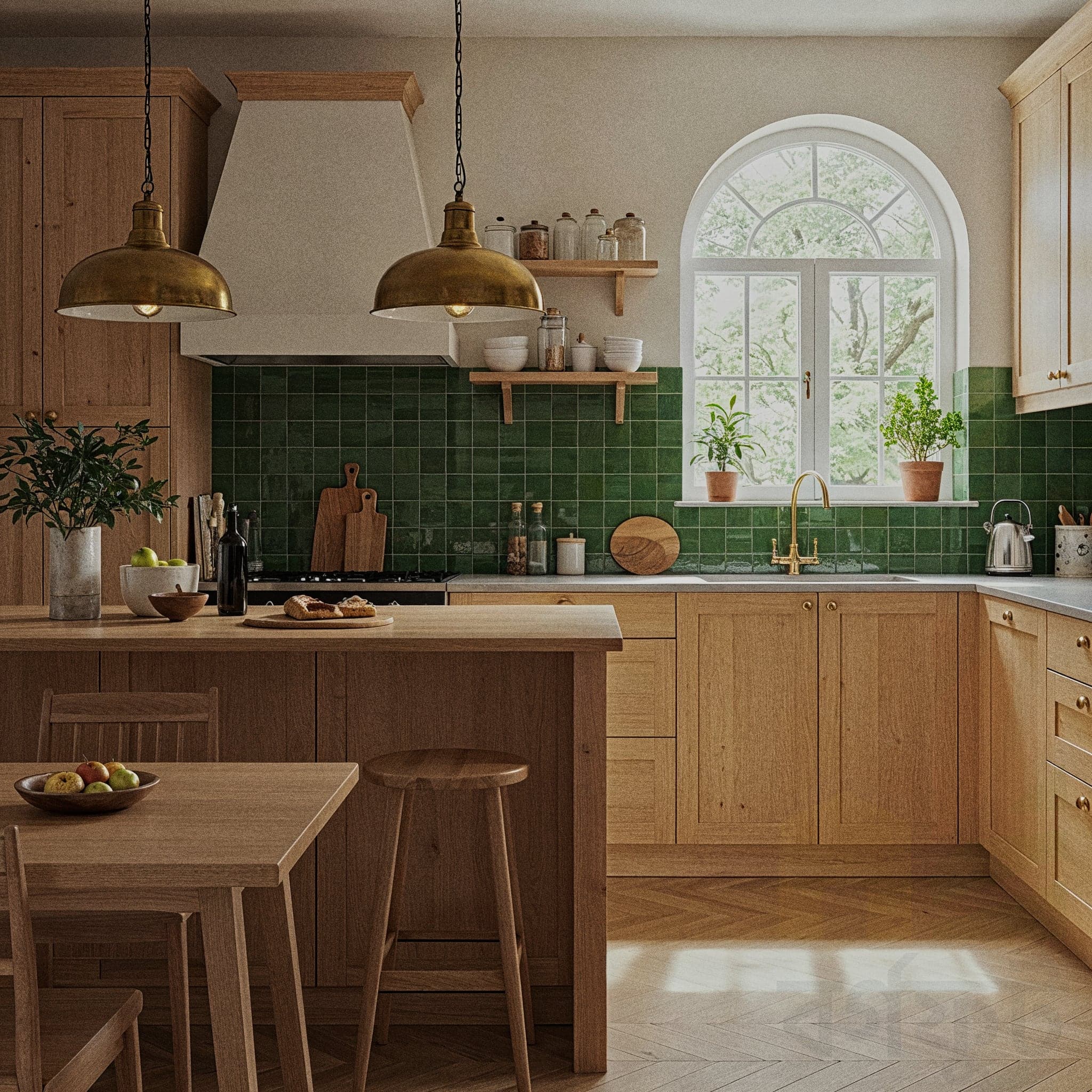 A serene kitchen with a Scandi Light design, featuring light wooden cabinets with sleek handles, a white marble countertop with a small herb pot, and a minimalist sink area. The room includes open shelves with white ceramic dishes, a single pendant light with a fabric shade, and a woven mat underfoot. Large windows with sheer curtains allow natural light to enhance the light wooden floor and white walls, creating a bright and calm cooking atmosphere.