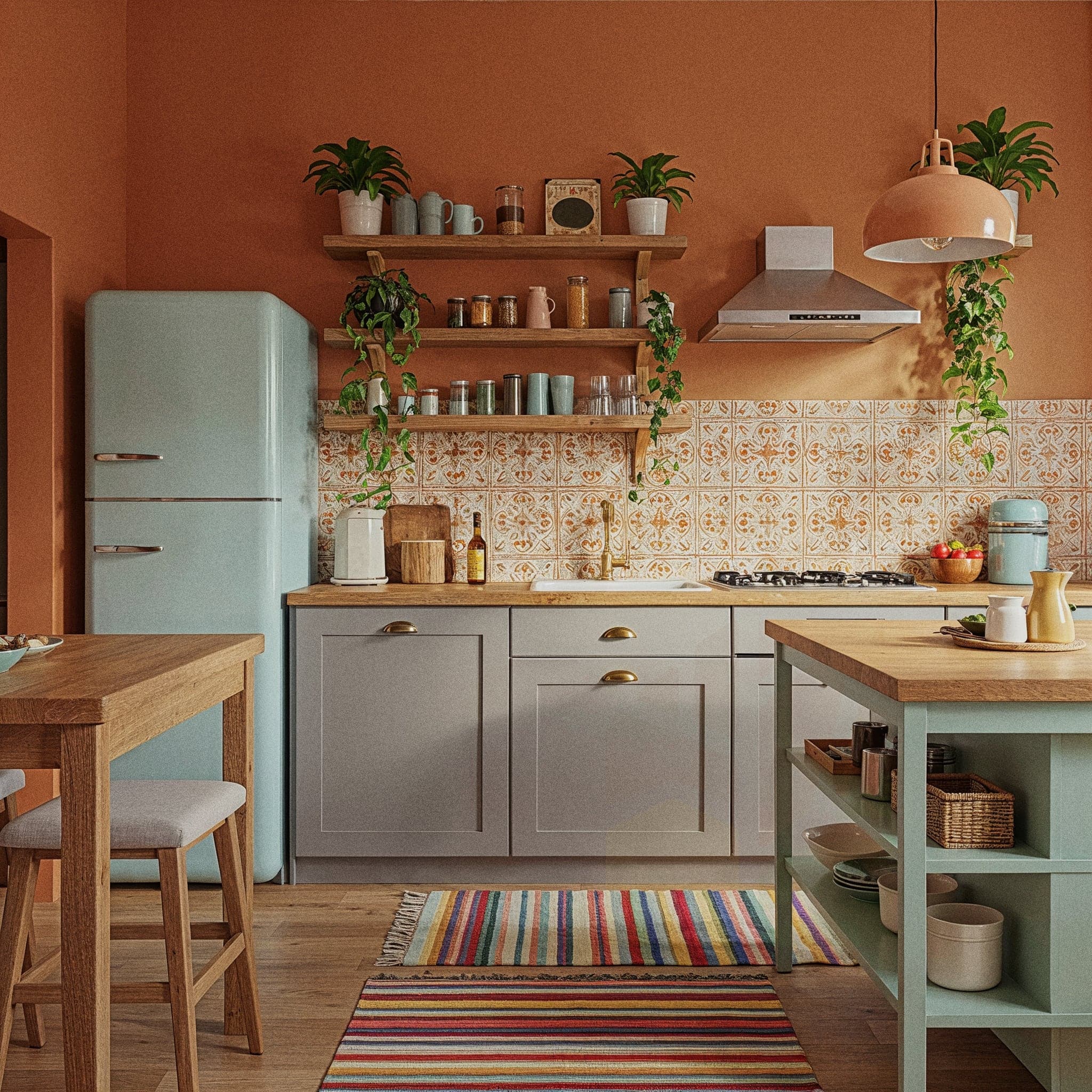 A heartwarming kitchen with a Farmhouse Charming design, featuring distressed wooden cabinets with glass doors, a butcher block countertop with a bread box, and a vintage gas stove. The room includes open shelves with mason jars and dried herbs, a hanging rack with cast iron skillets, and warm pendant lights with fabric shades. Large windows with sheer curtains allow natural light to enhance the dark wooden floor and cream walls, creating a cozy and inviting cooking atmosphere.