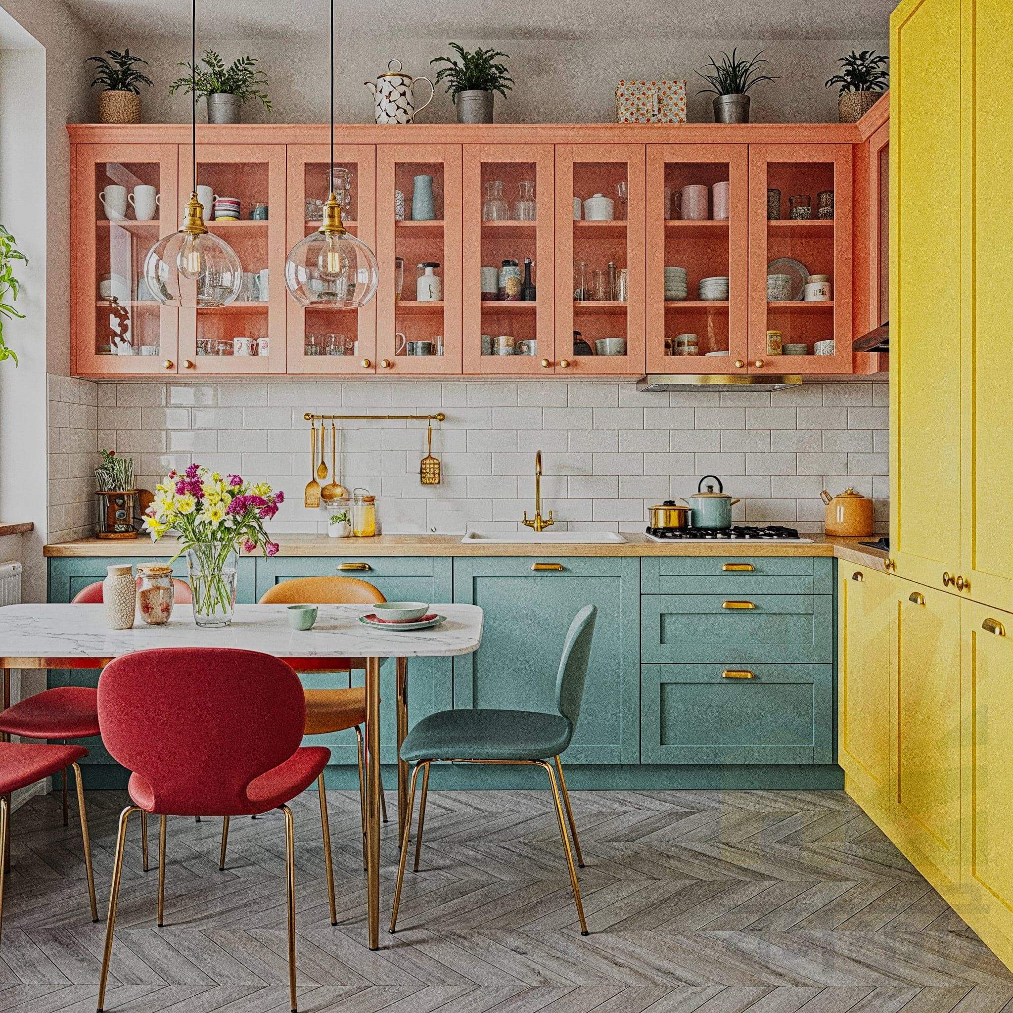 A sophisticated kitchen with a Midcentury Modern design, featuring walnut cabinets with sleek handles, a white countertop with a retro toaster, and a tiled backsplash with geometric patterns. The room includes open shelves with vintage glassware, a tulip-shaped pendant light with a white shade, and a small dining table with curved legs. Large windows with sheer curtains allow natural light to enhance the light wooden floor and teal accent wall, creating a stylish and functional cooking atmosphere.